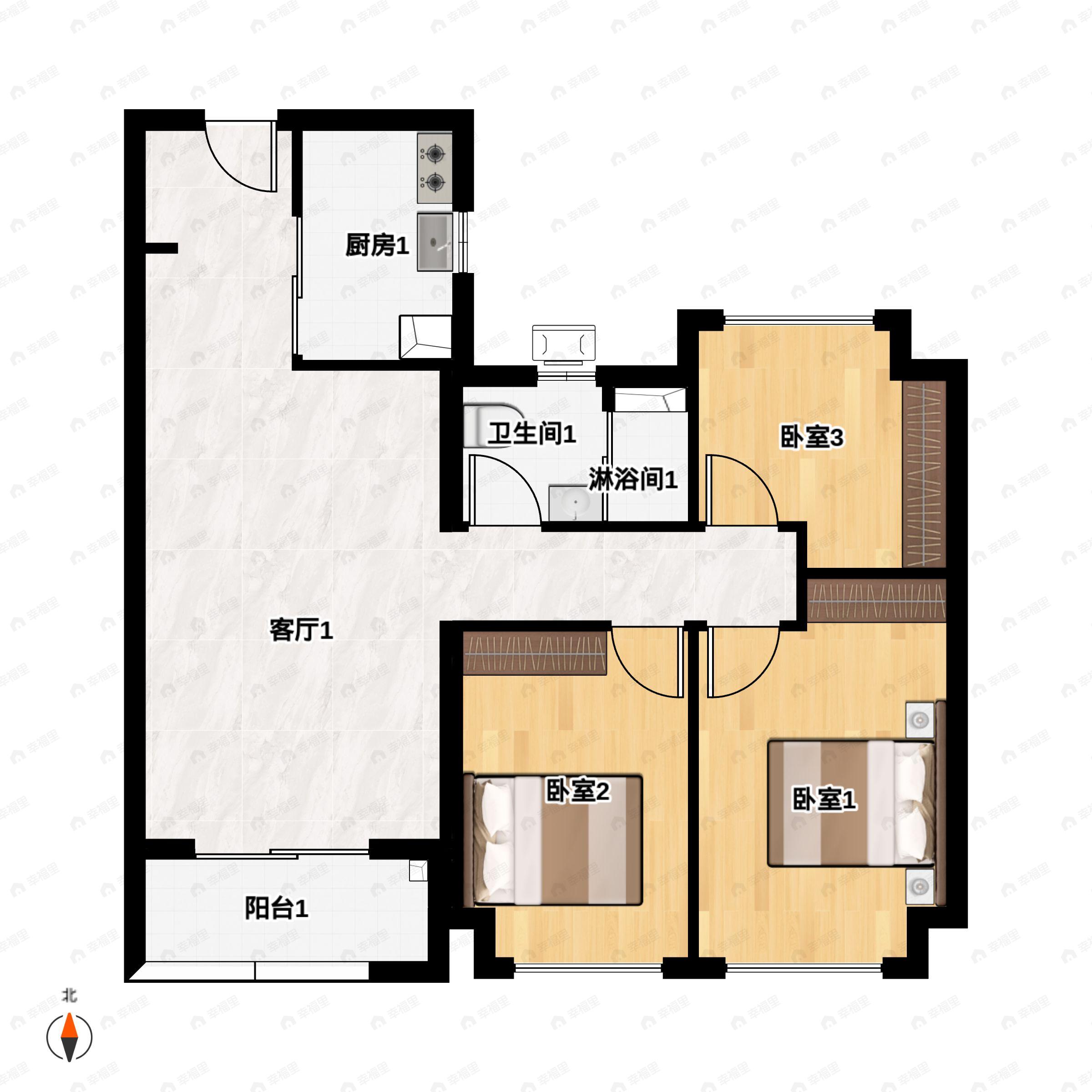 3室2厅1卫建面102平户型图