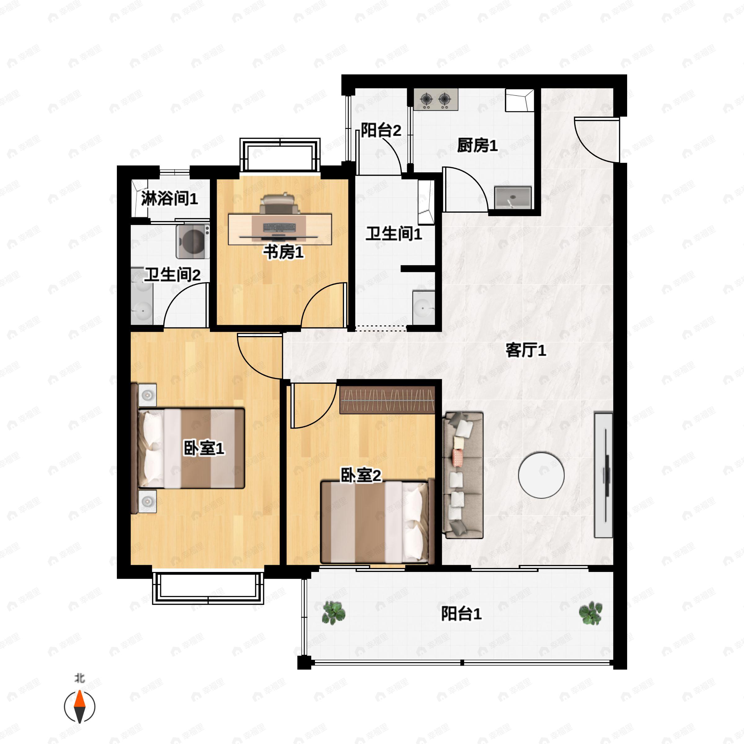 3室2厅2卫建面119m²西南户型图