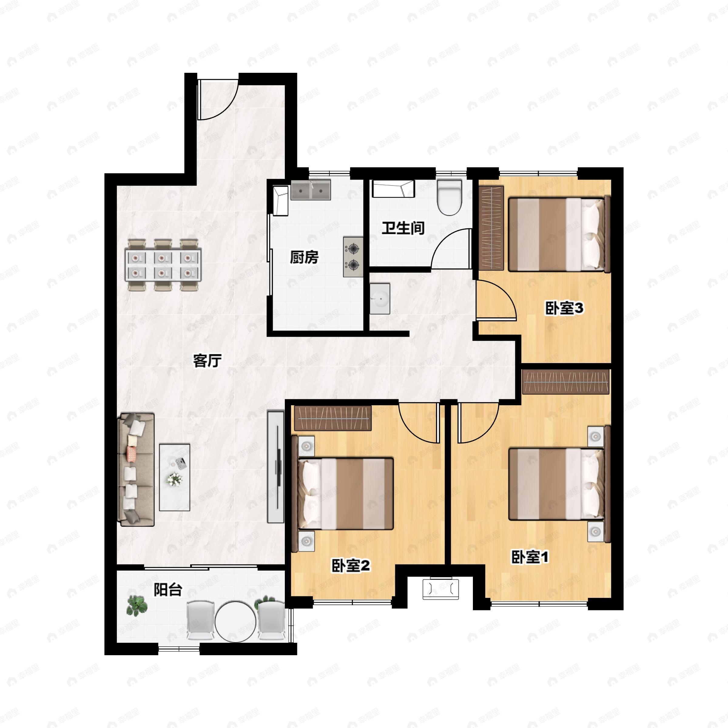 3室2厅1卫建面90平南户型图