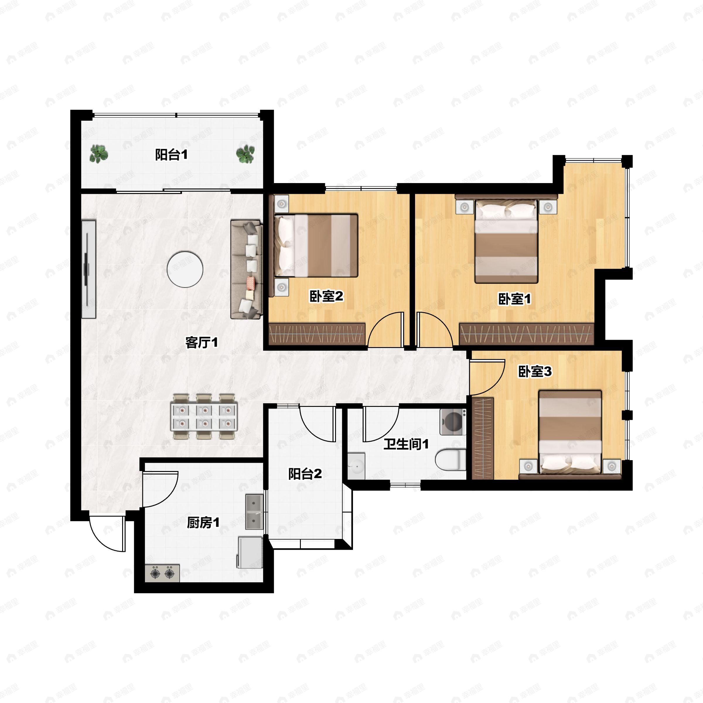 3室2厅1卫建面86平南户型图