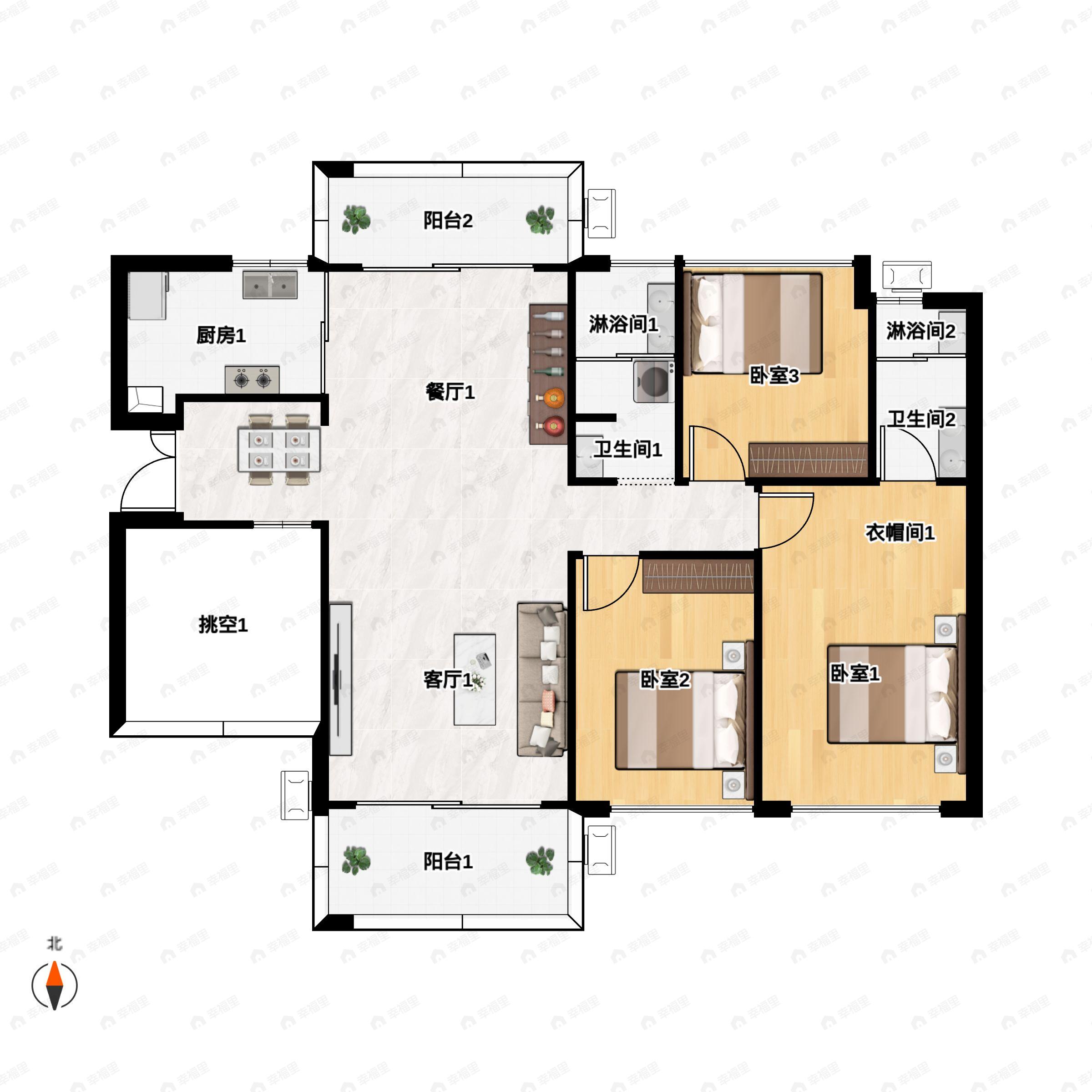 3室2厅2卫建面127平户型图