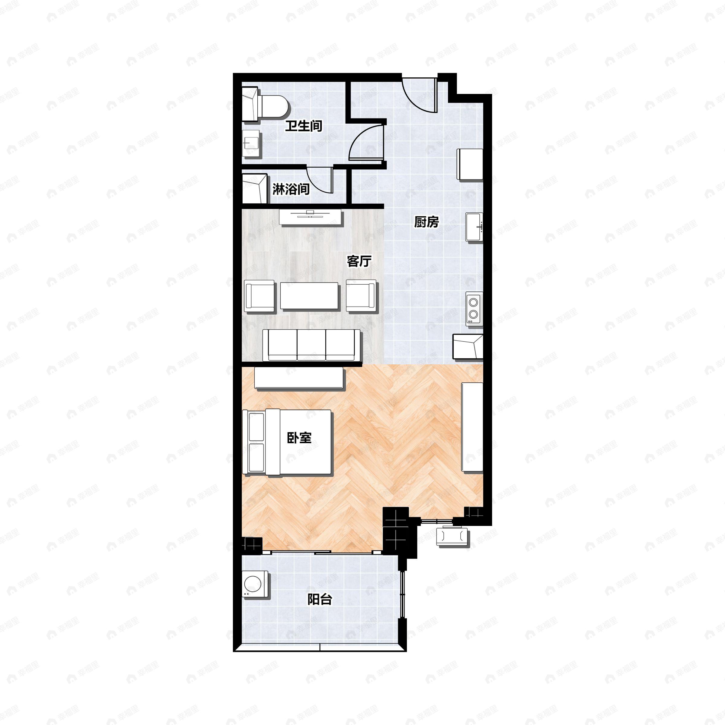 1室1厅1卫建面60m²南户型图
