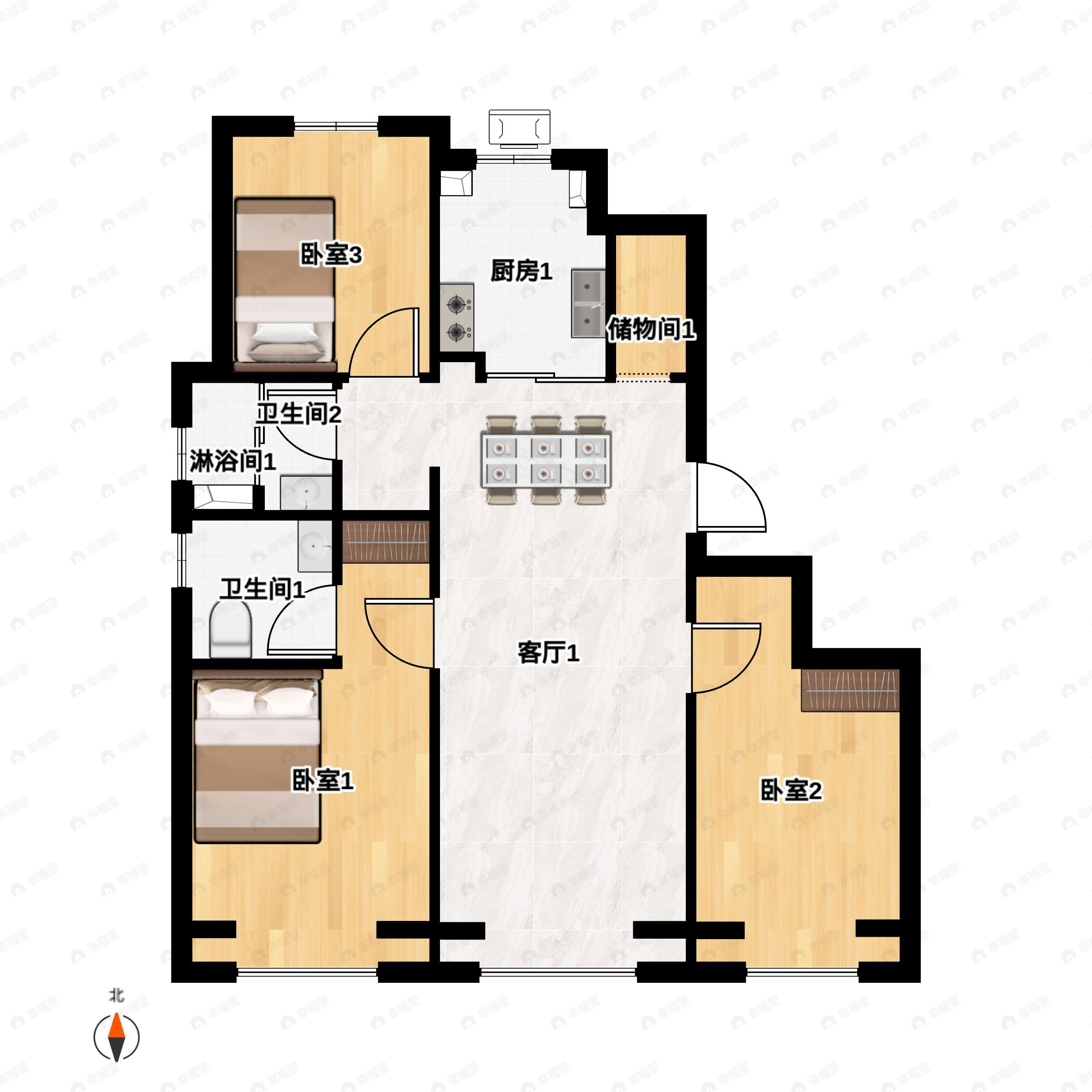 3室2厅2卫建面108平北|南户型图