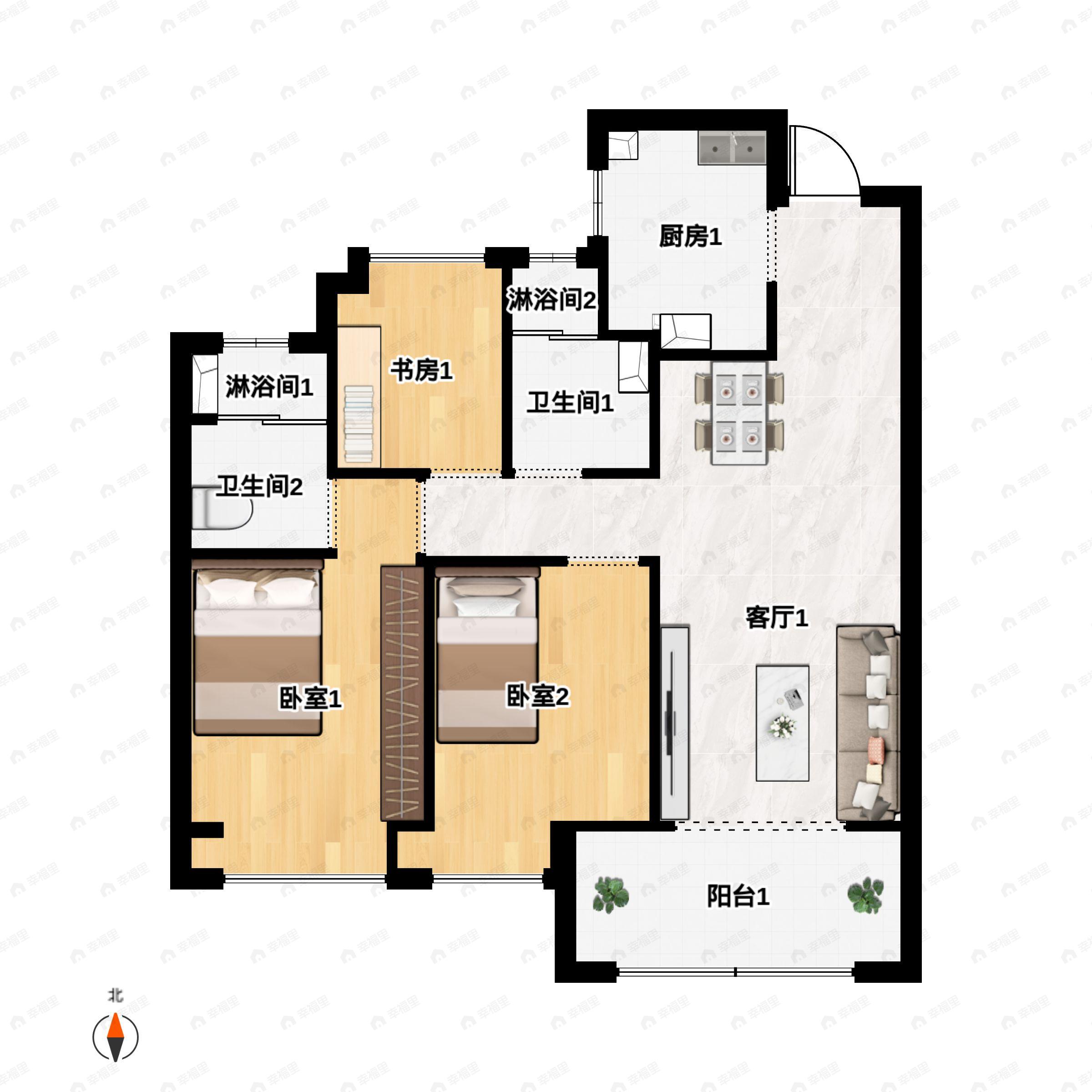 3室2厅2卫建面107平户型图