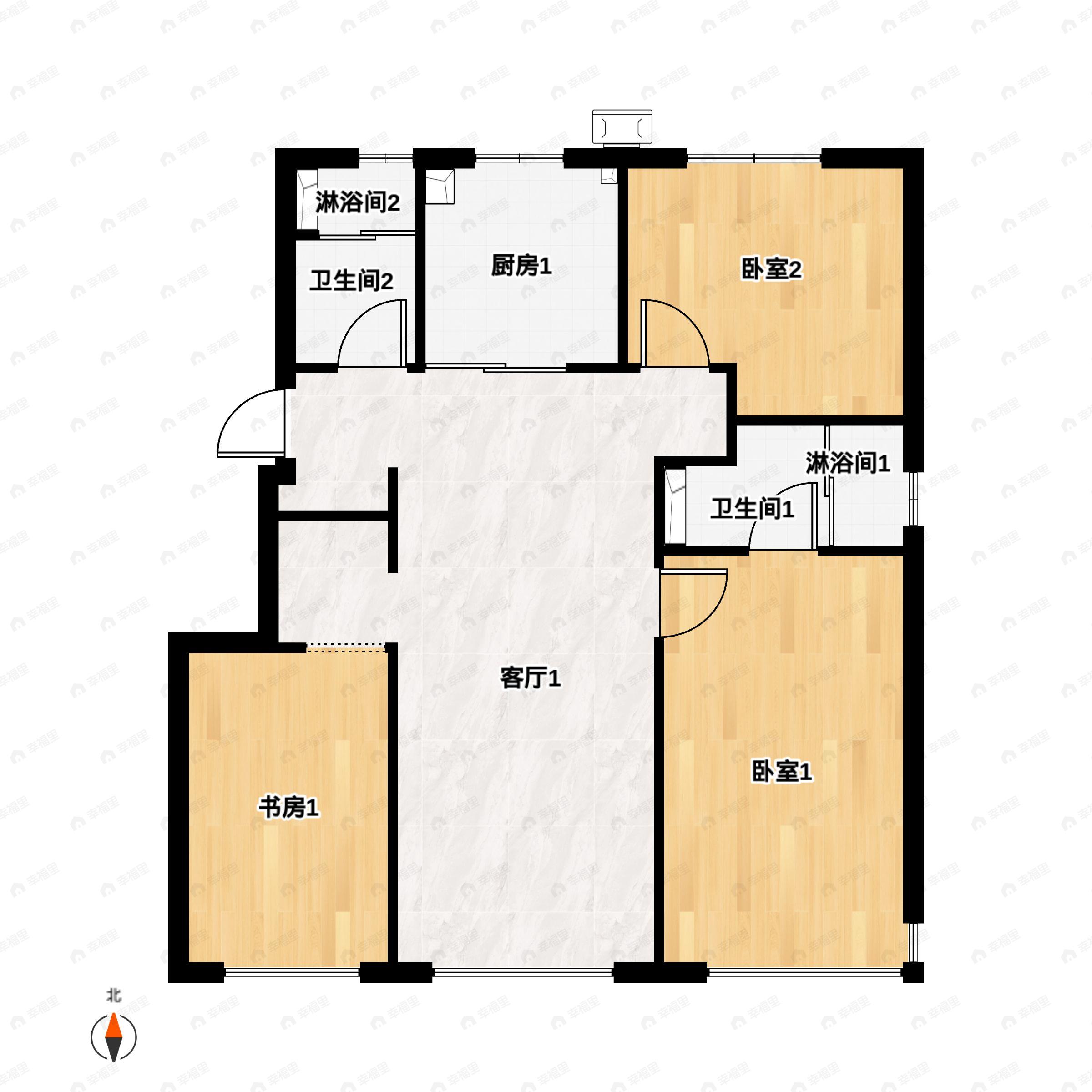 3室2厅2卫建面107平北|南户型图