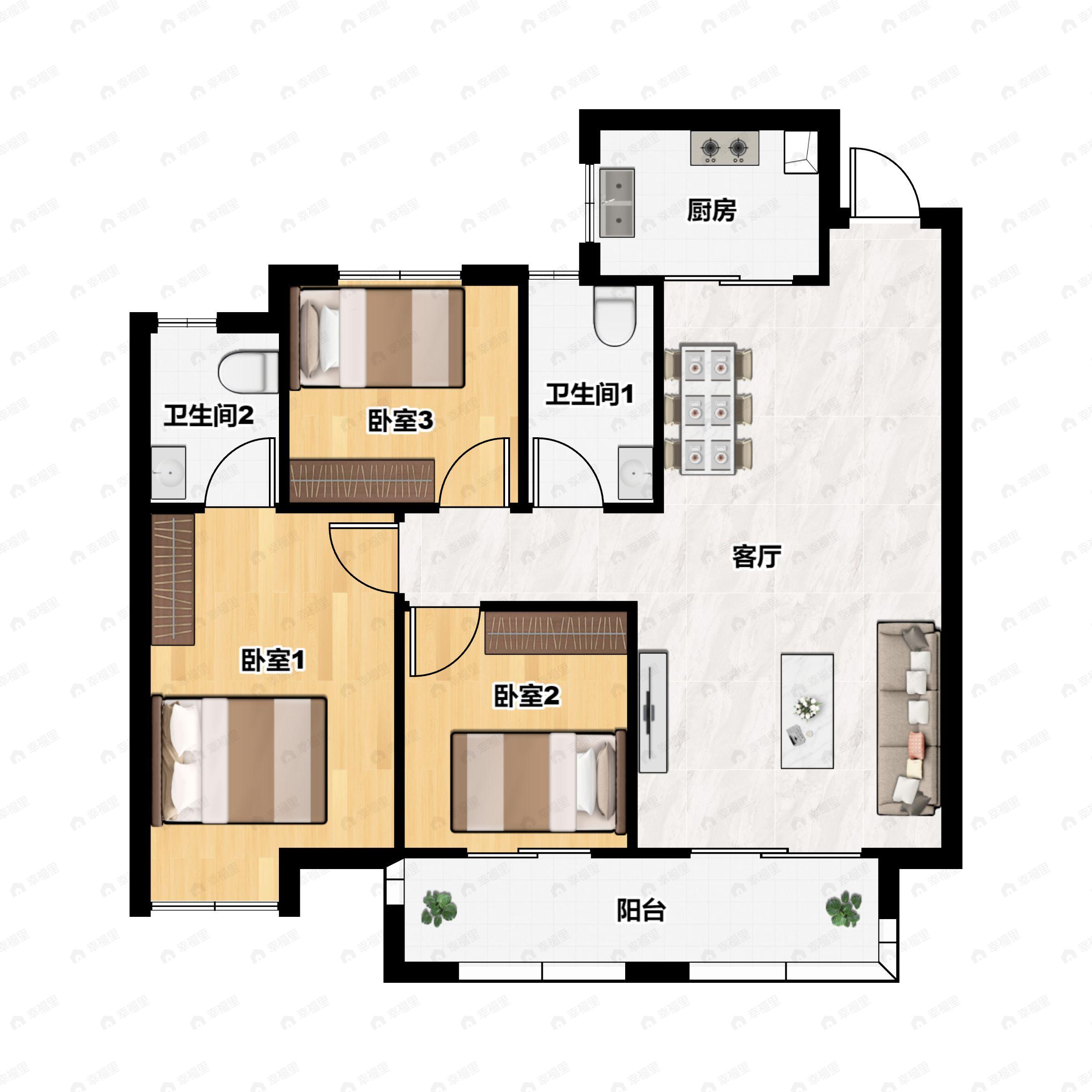 3室2厅2卫建面101平北|南户型图