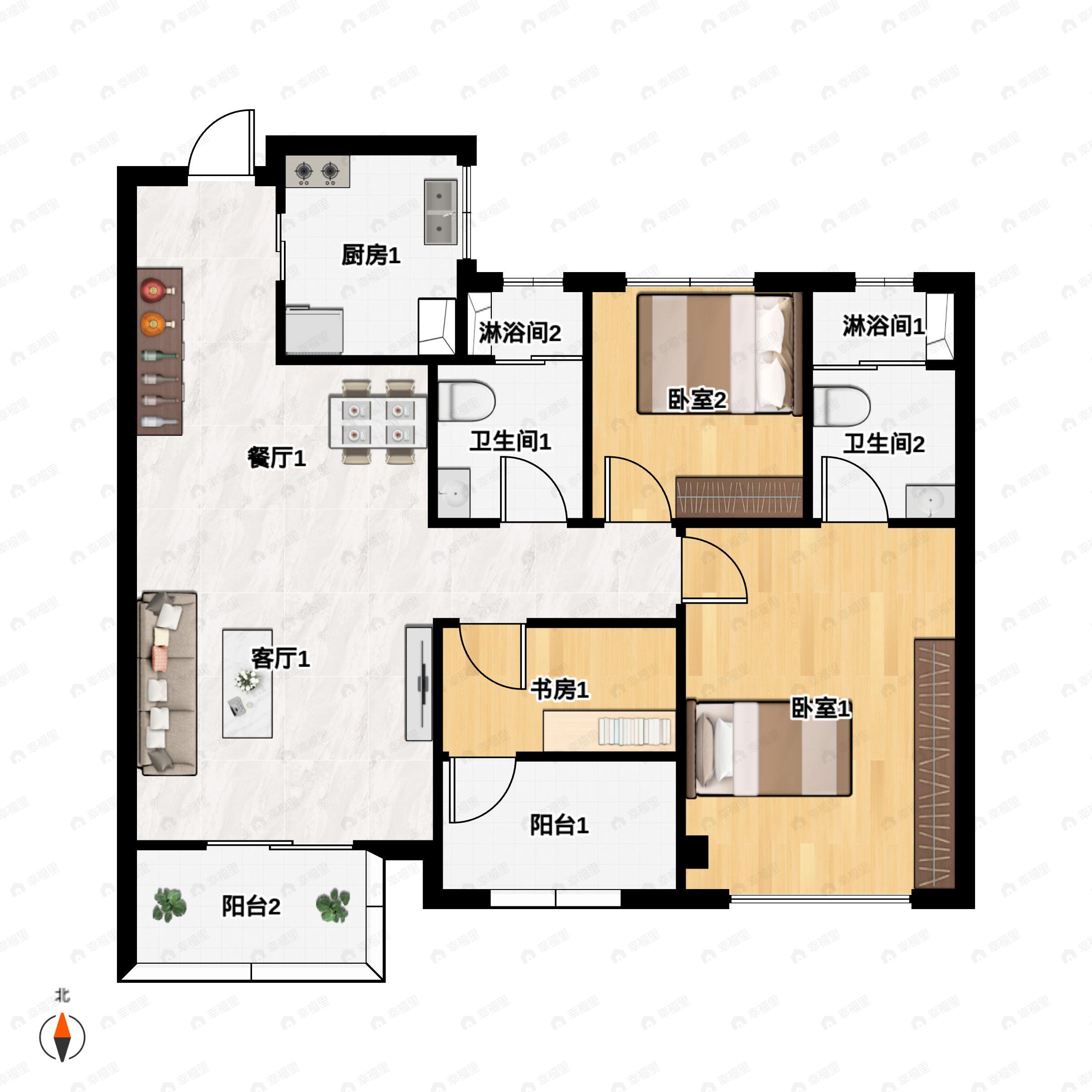 3室2厅2卫建面89m²南户型图
