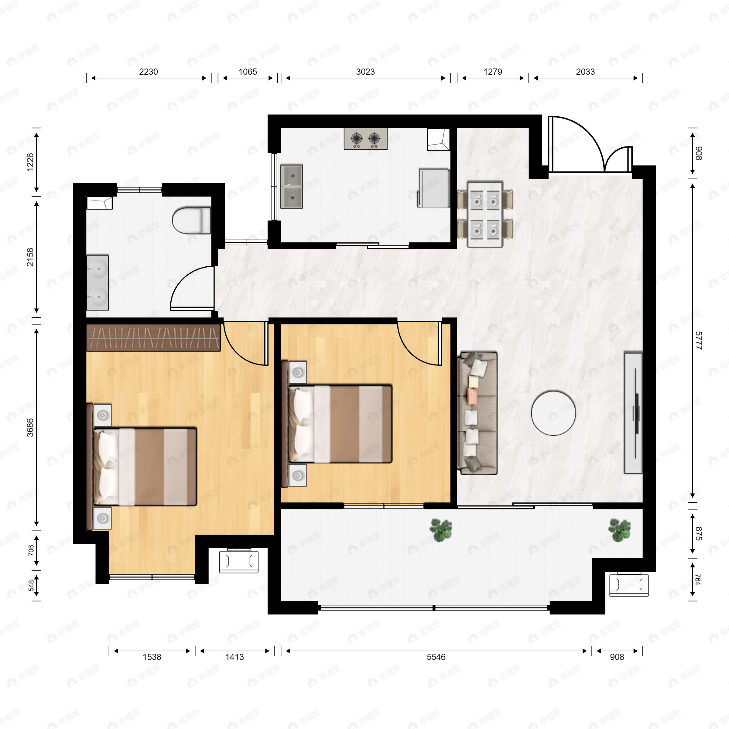 2室2厅1卫建面97m²南|北户型图