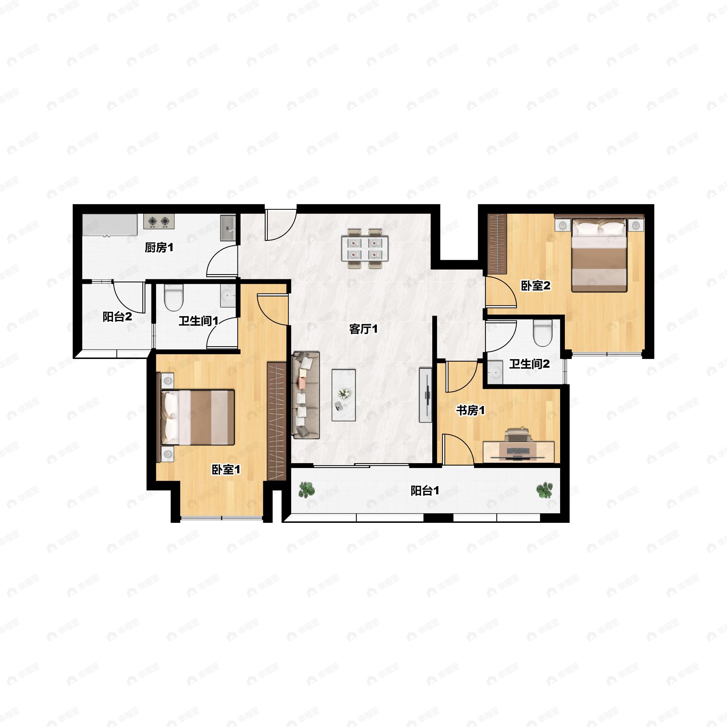 3室2厅2卫建面95平南户型图