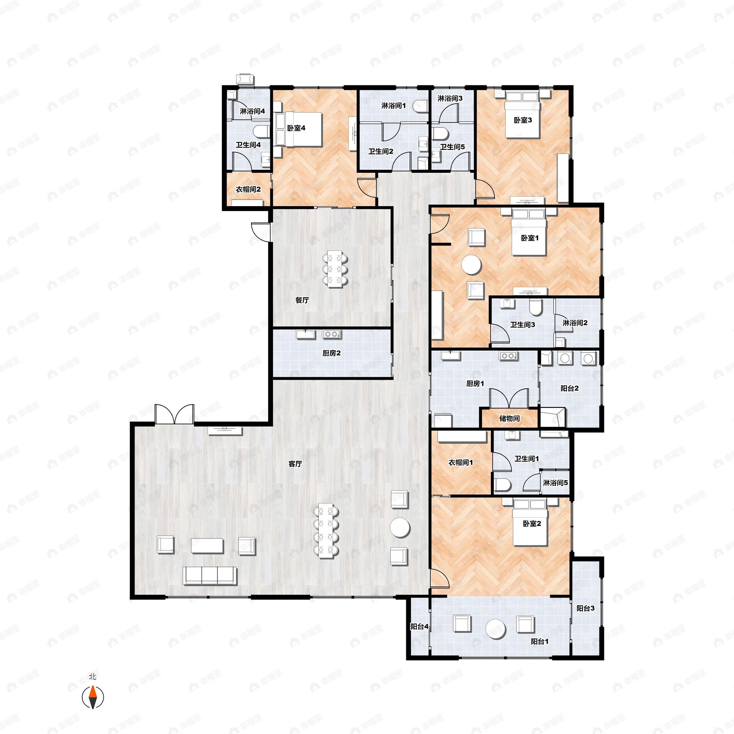 4室2厅4卫建面404平南|北户型图
