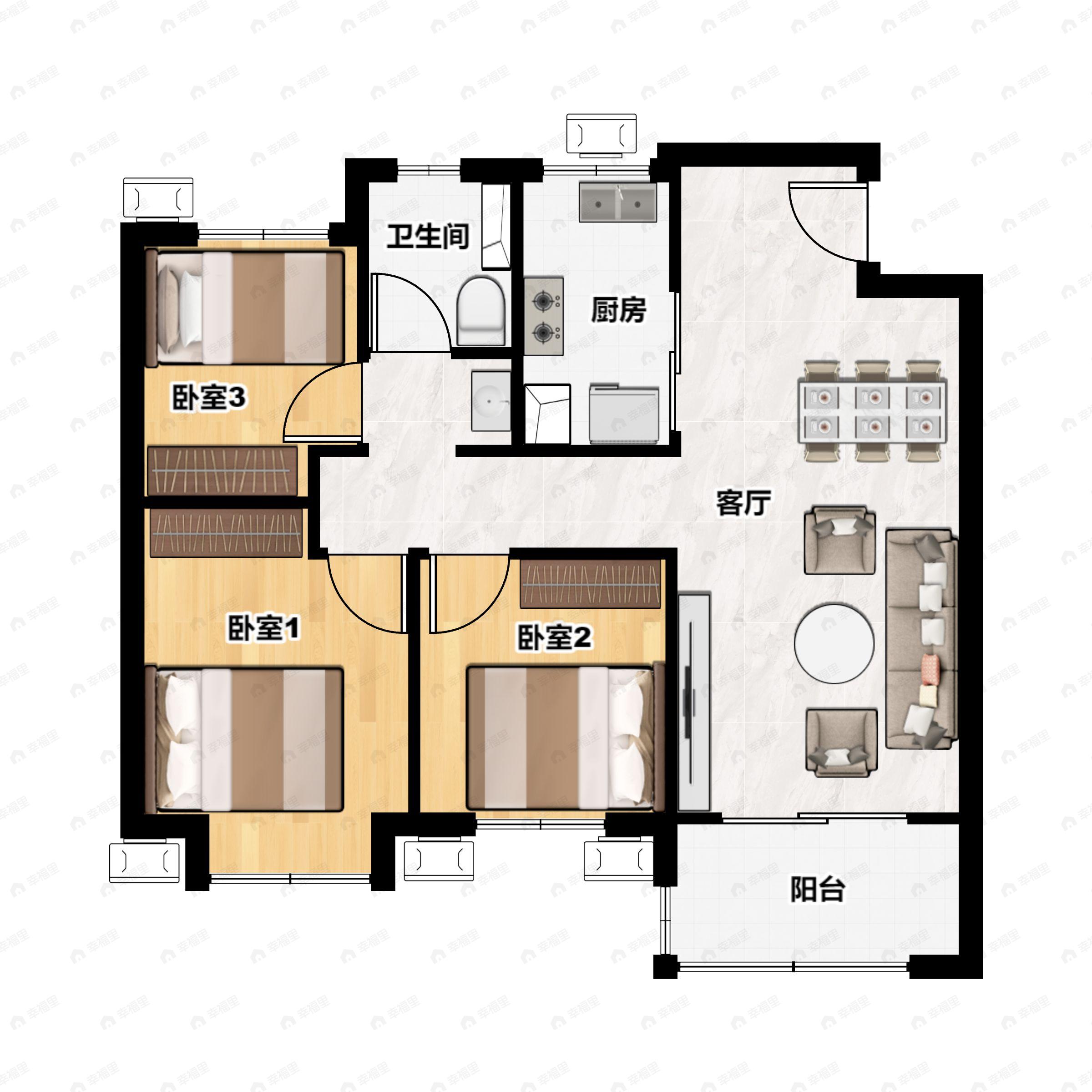 3室2厅1卫建面92m²北|南户型图