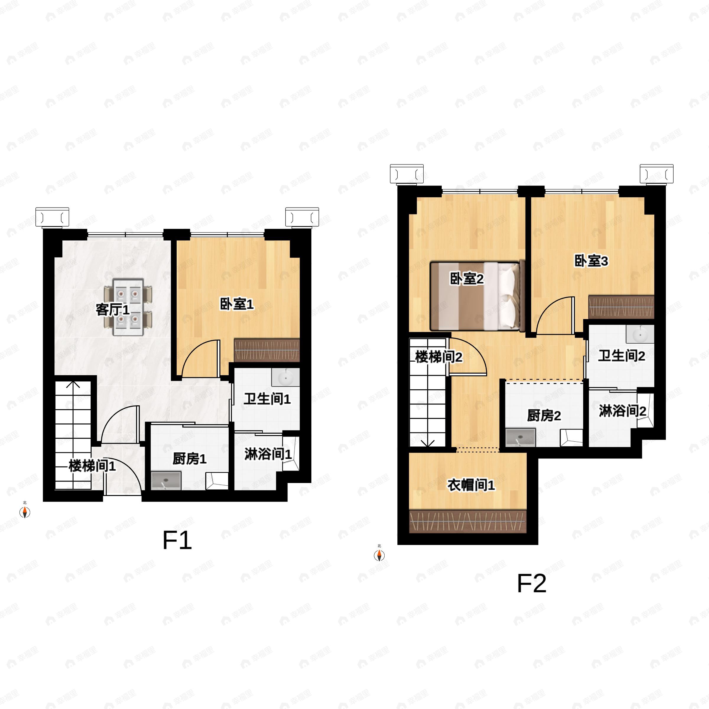 2室2厅2卫建面50平户型图