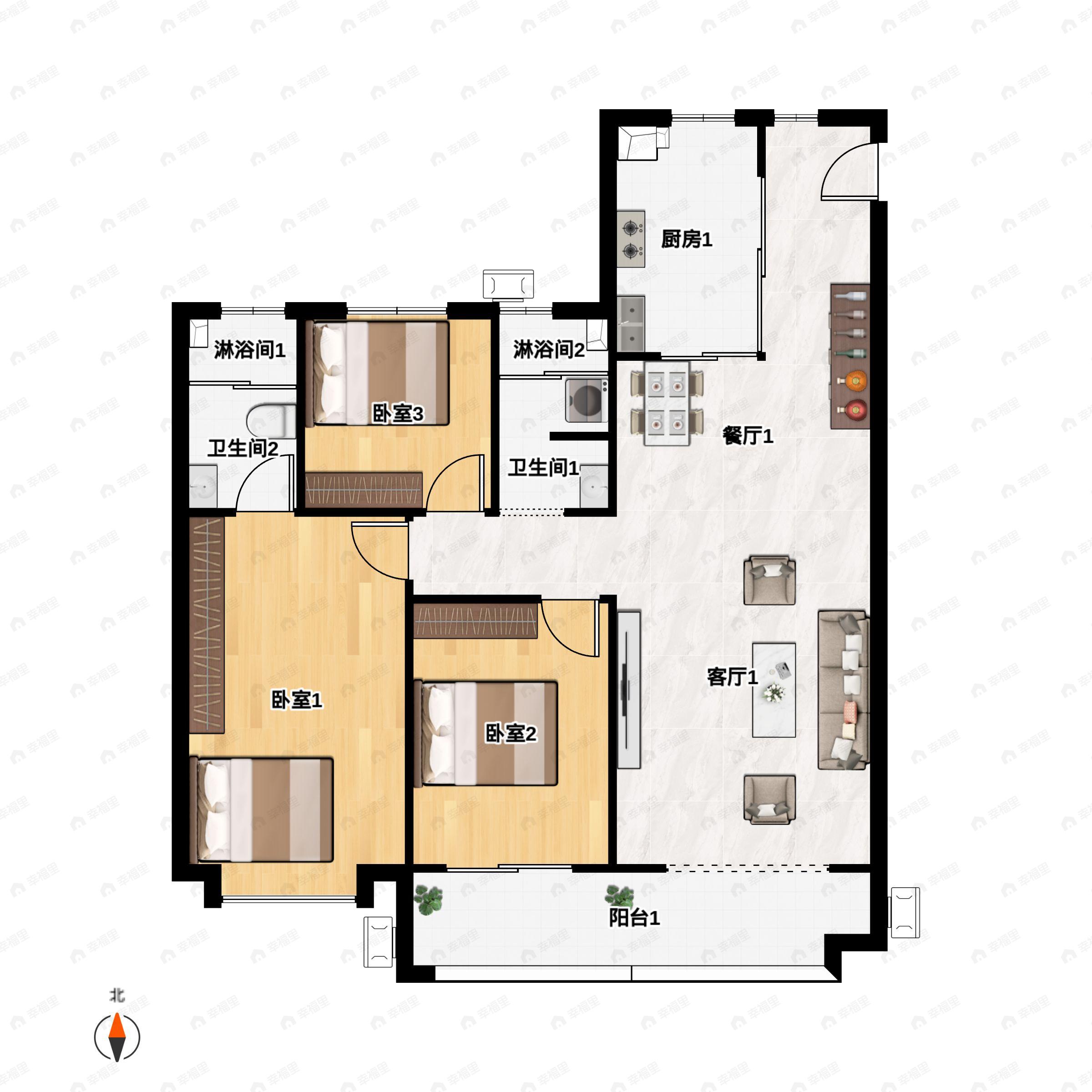 3室2厅2卫建面136m²北|南户型图