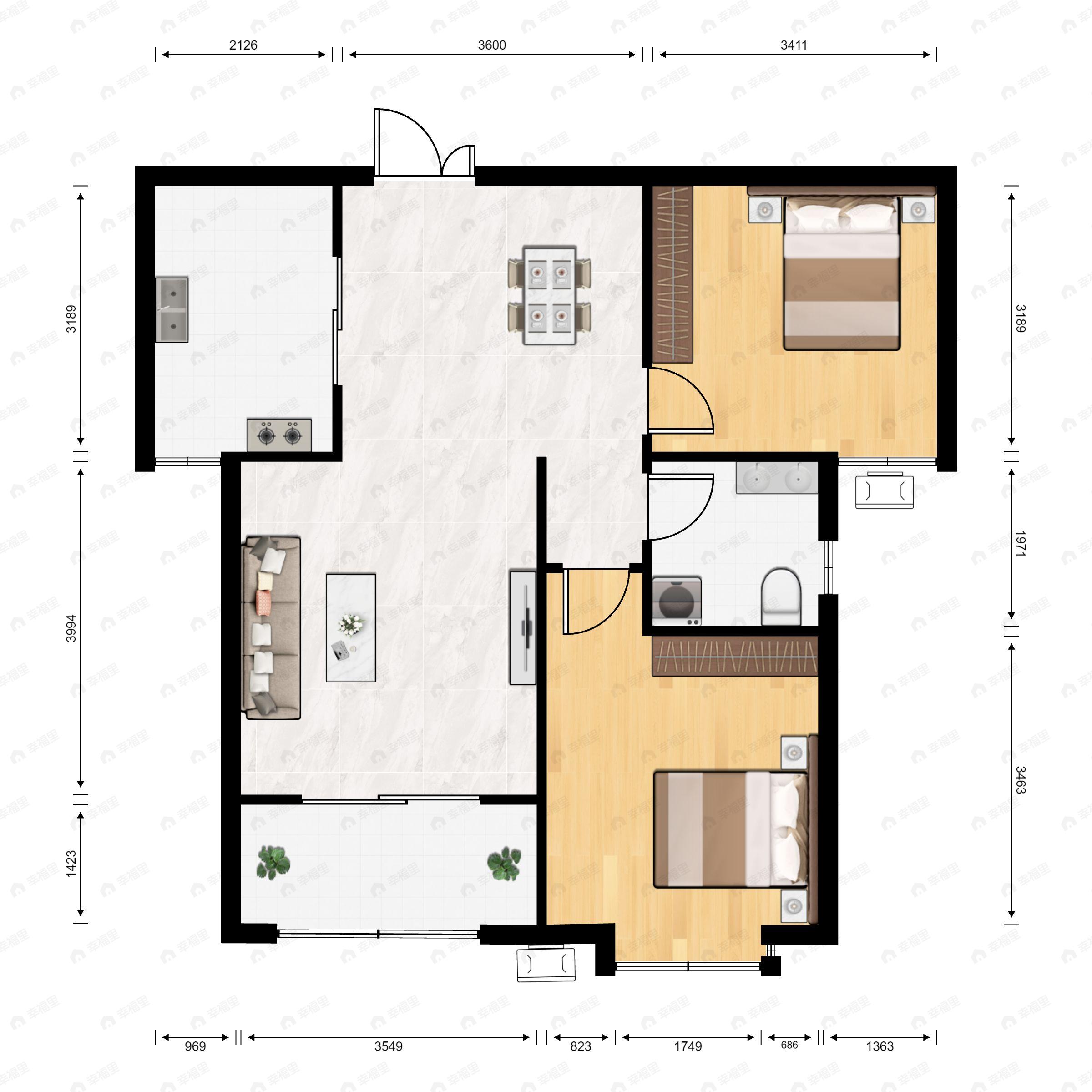 2室2厅1卫建面85m²南户型图