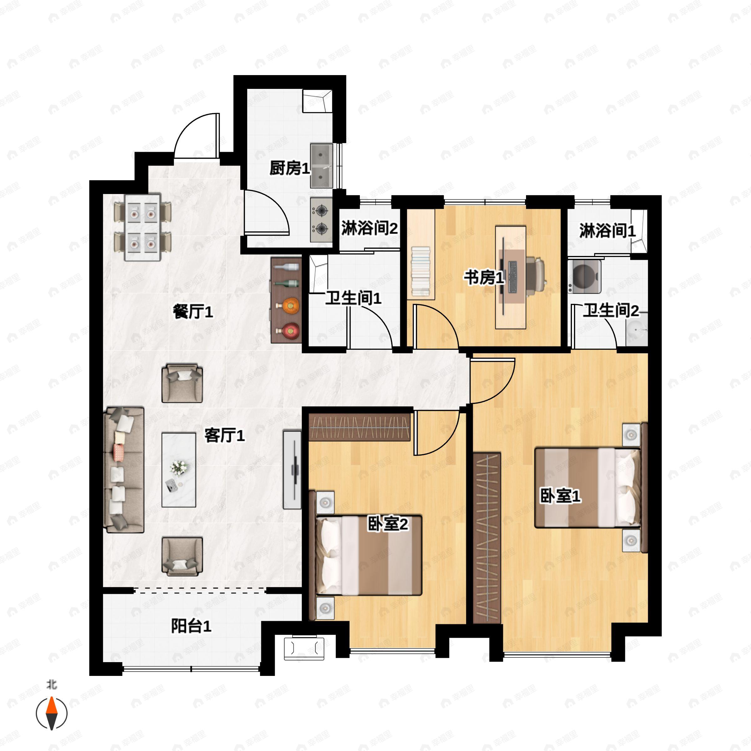 3室2厅2卫建面109m²南|北户型图