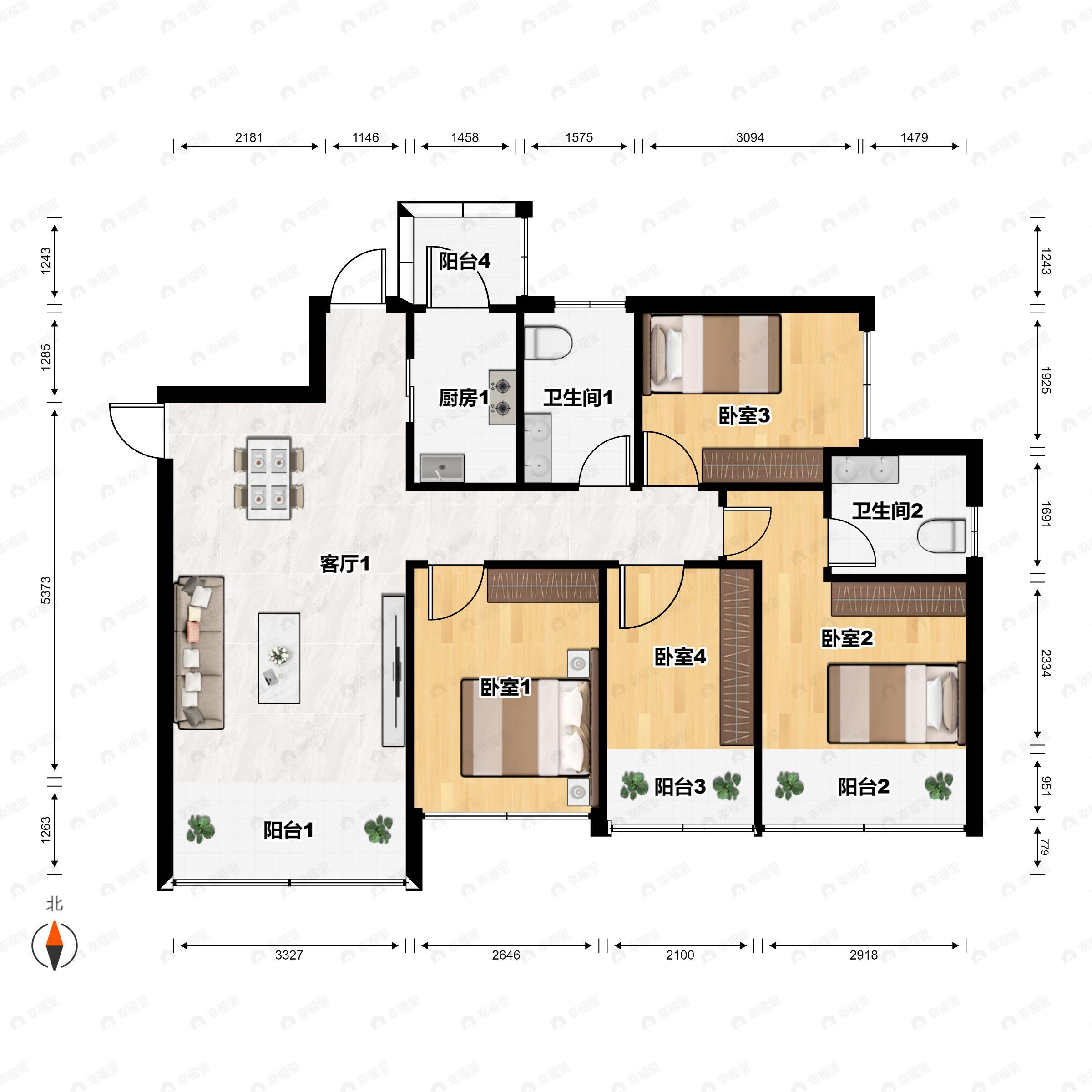 4室2厅2卫建面123m²南户型图