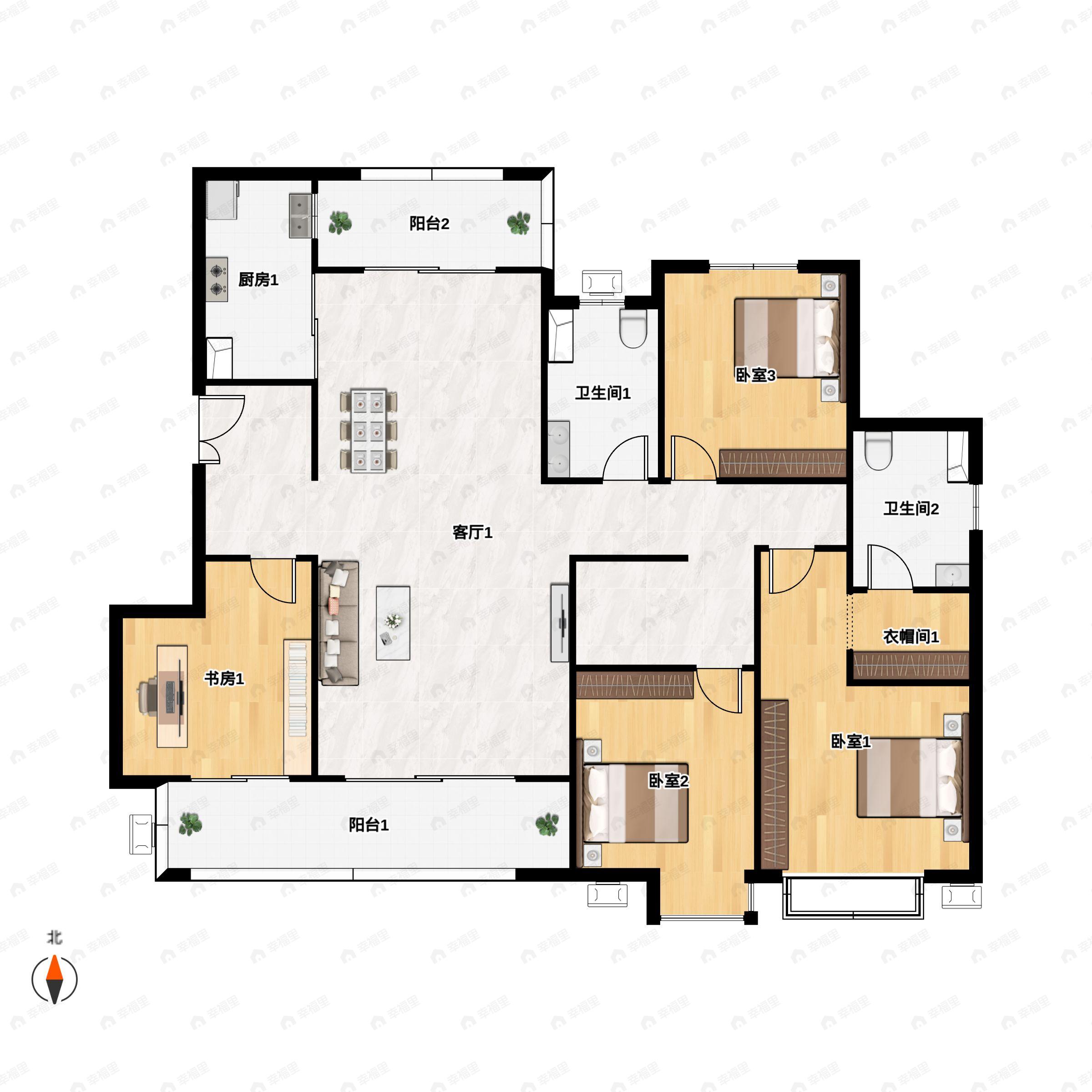 4室2厅2卫建面147m²南|北户型图