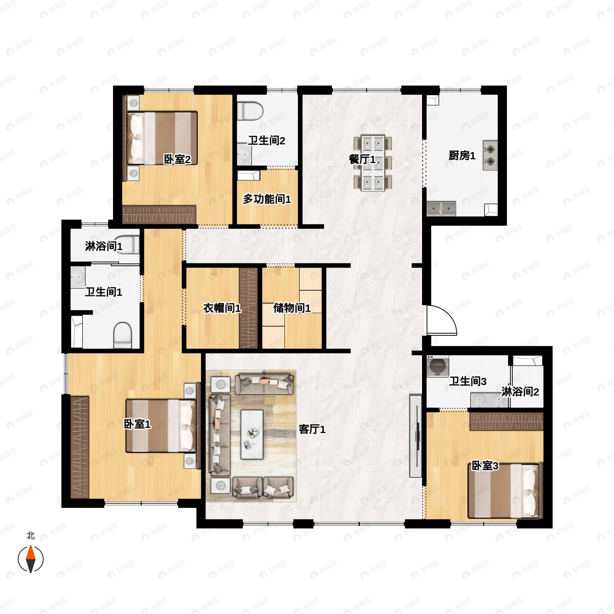 3室2厅3卫建面185m²南户型图