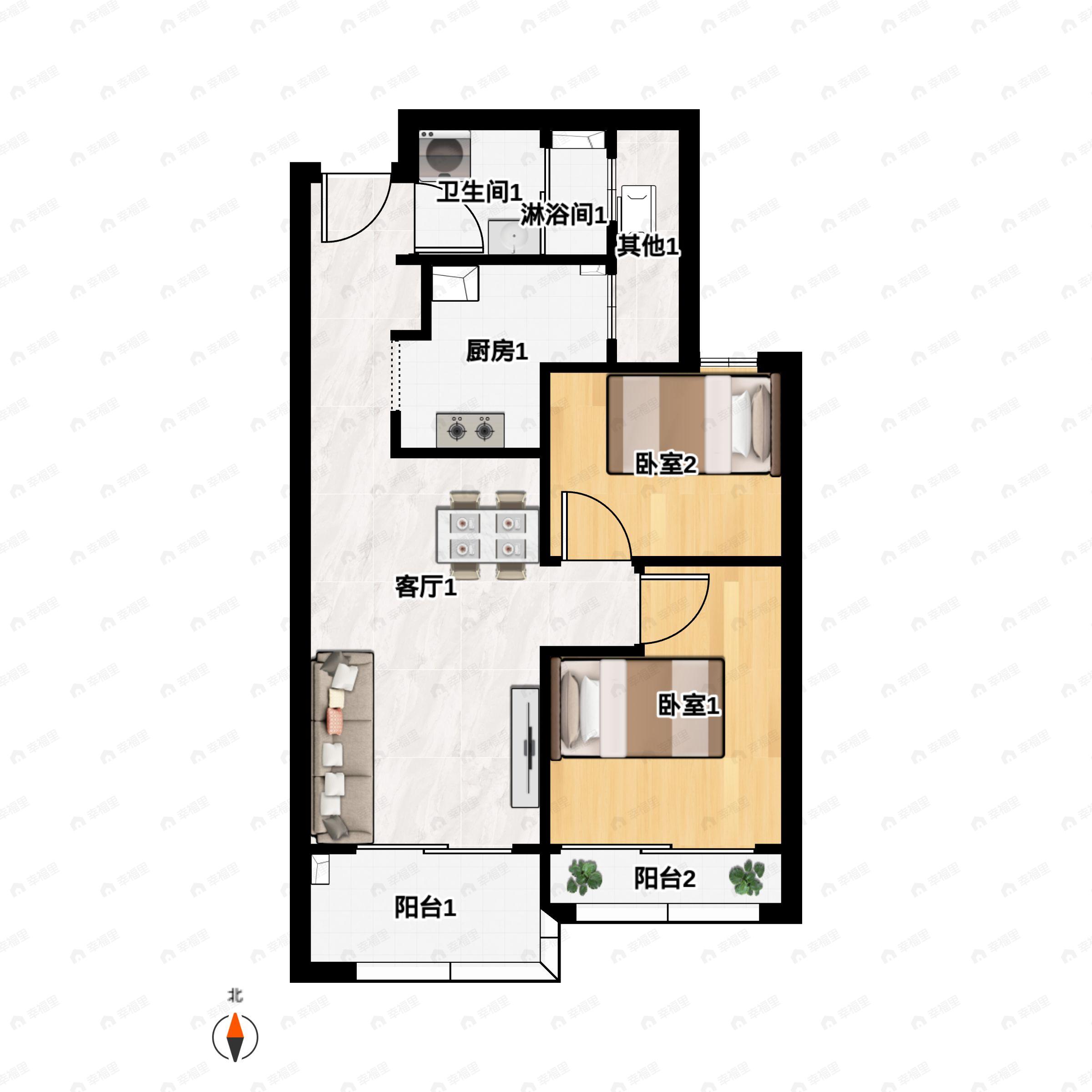 2室2厅1卫建面89m²南户型图