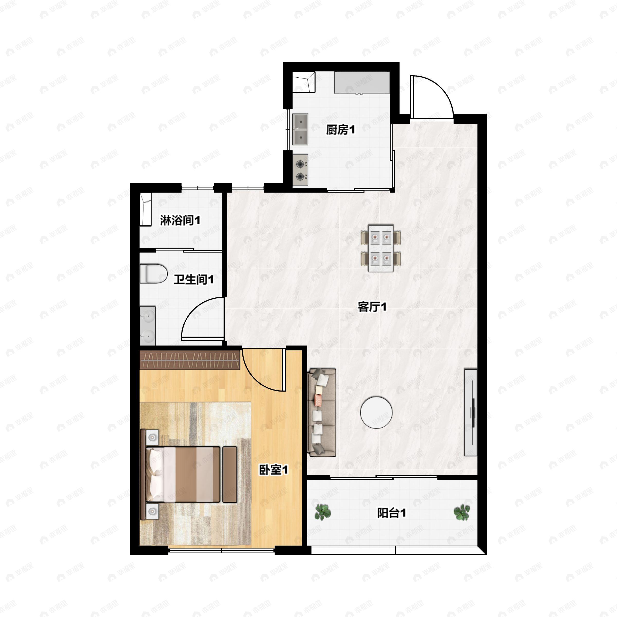 1室2厅1卫建面65m²南户型图