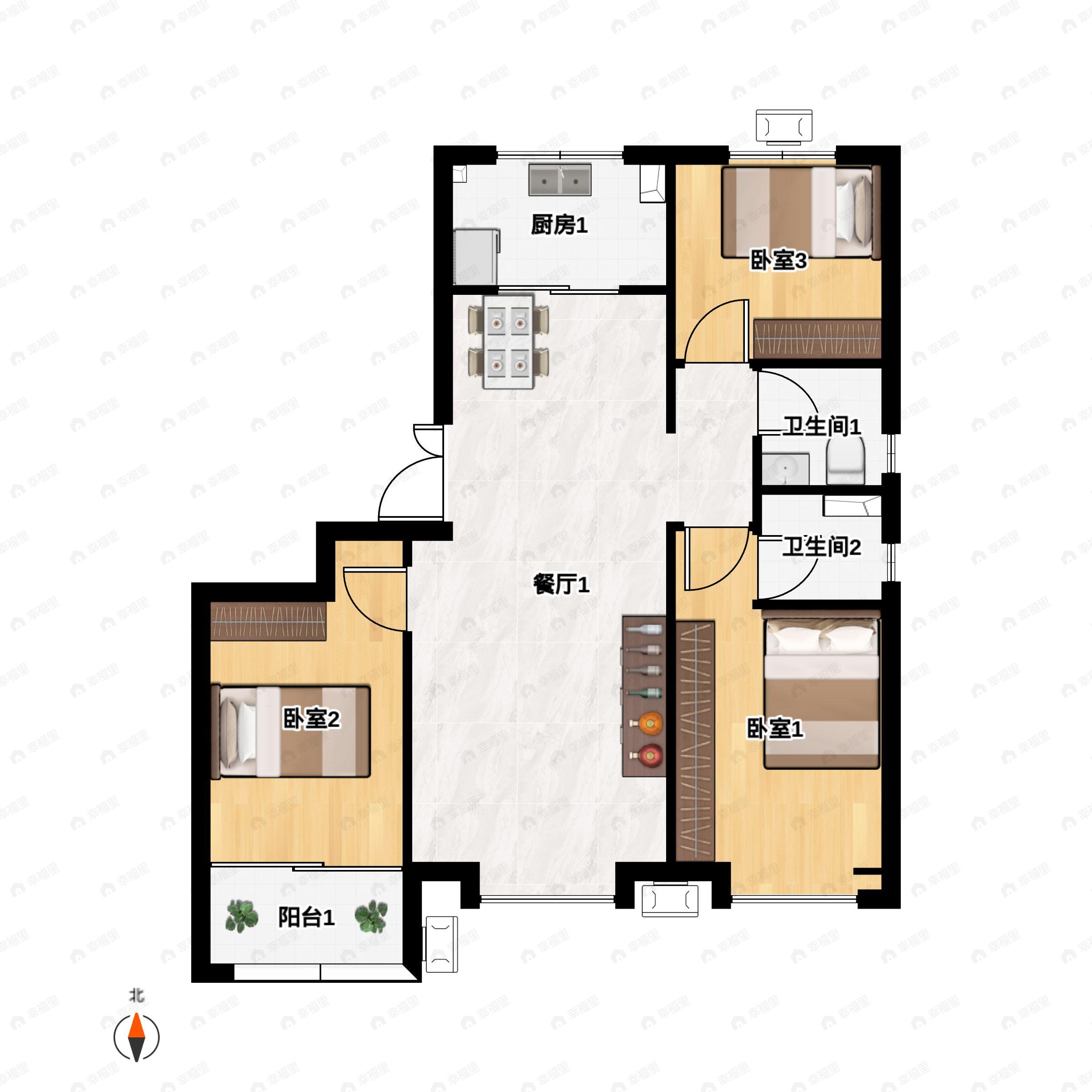3室2厅2卫建面109平户型图