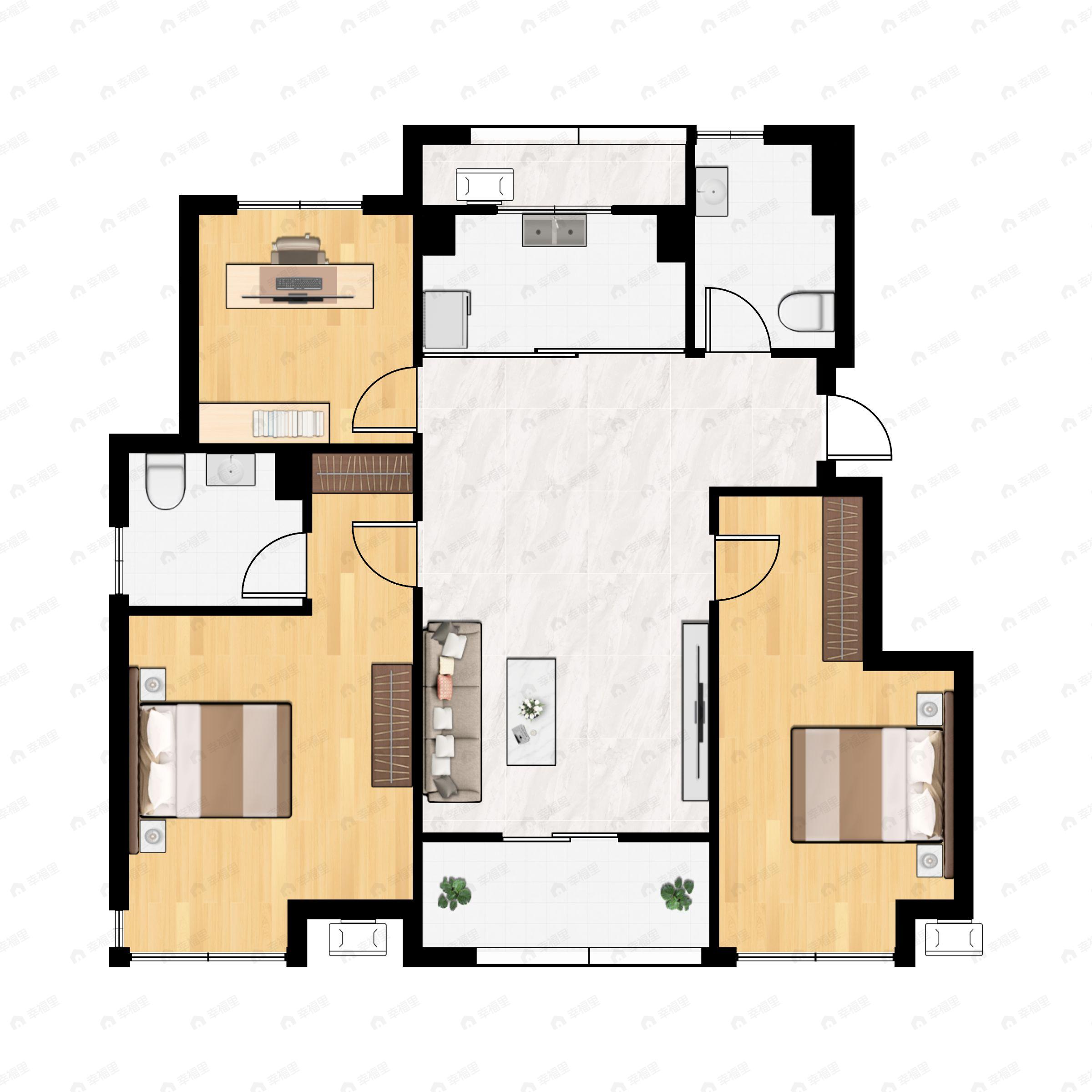 3室2厅2卫建面98m²南户型图