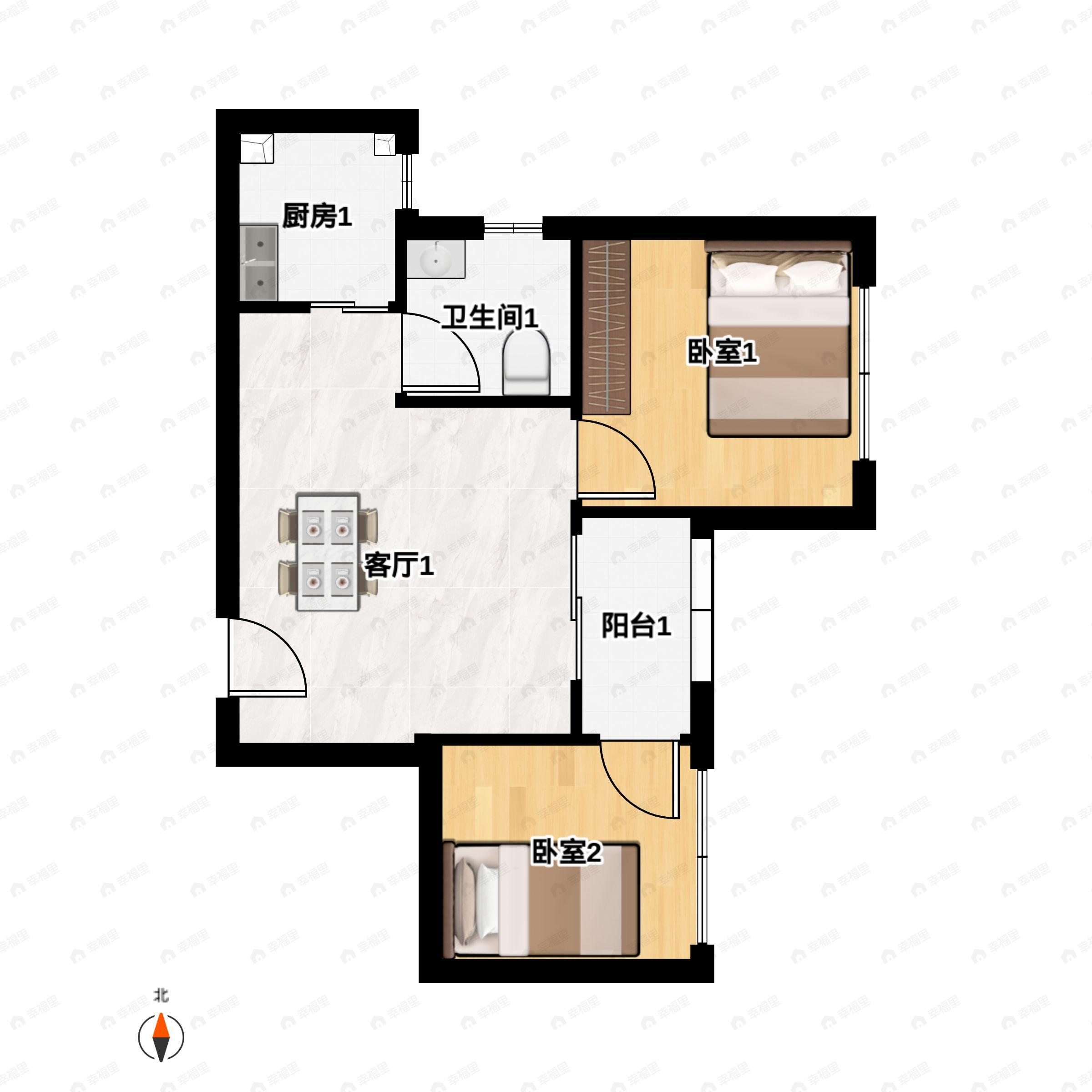 1室1厅1卫建面44m²南户型图