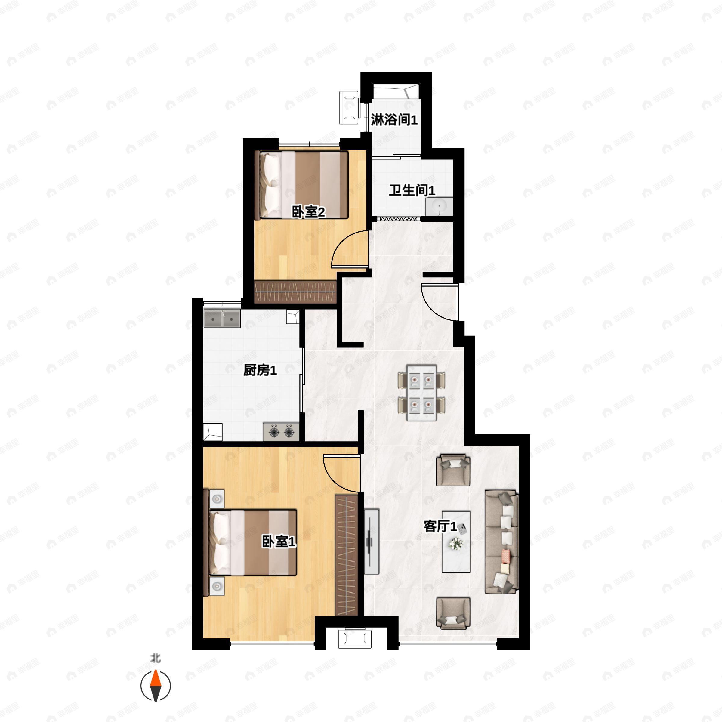 2室2厅1卫建面77m²西|东户型图