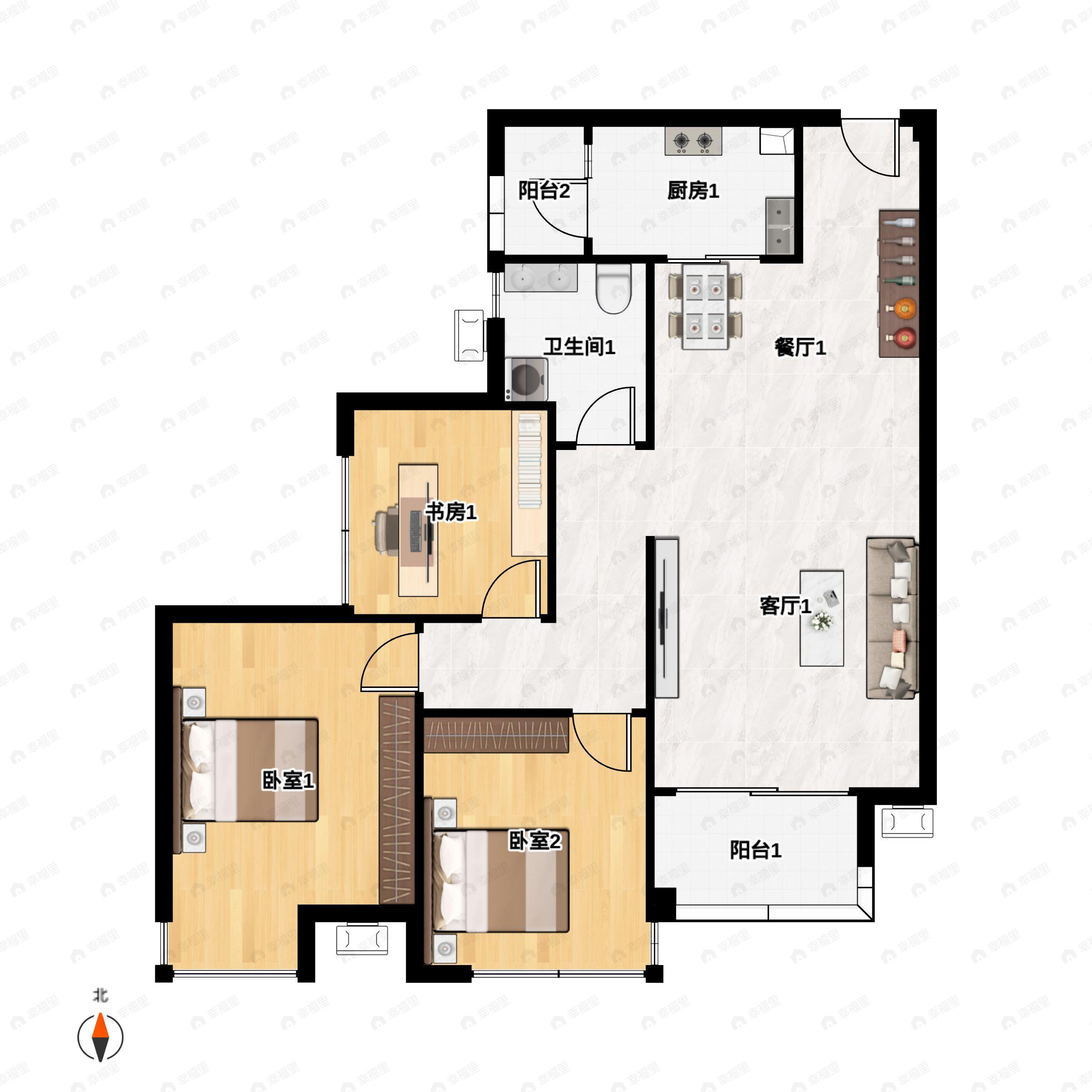 2室2厅2卫建面87平户型图