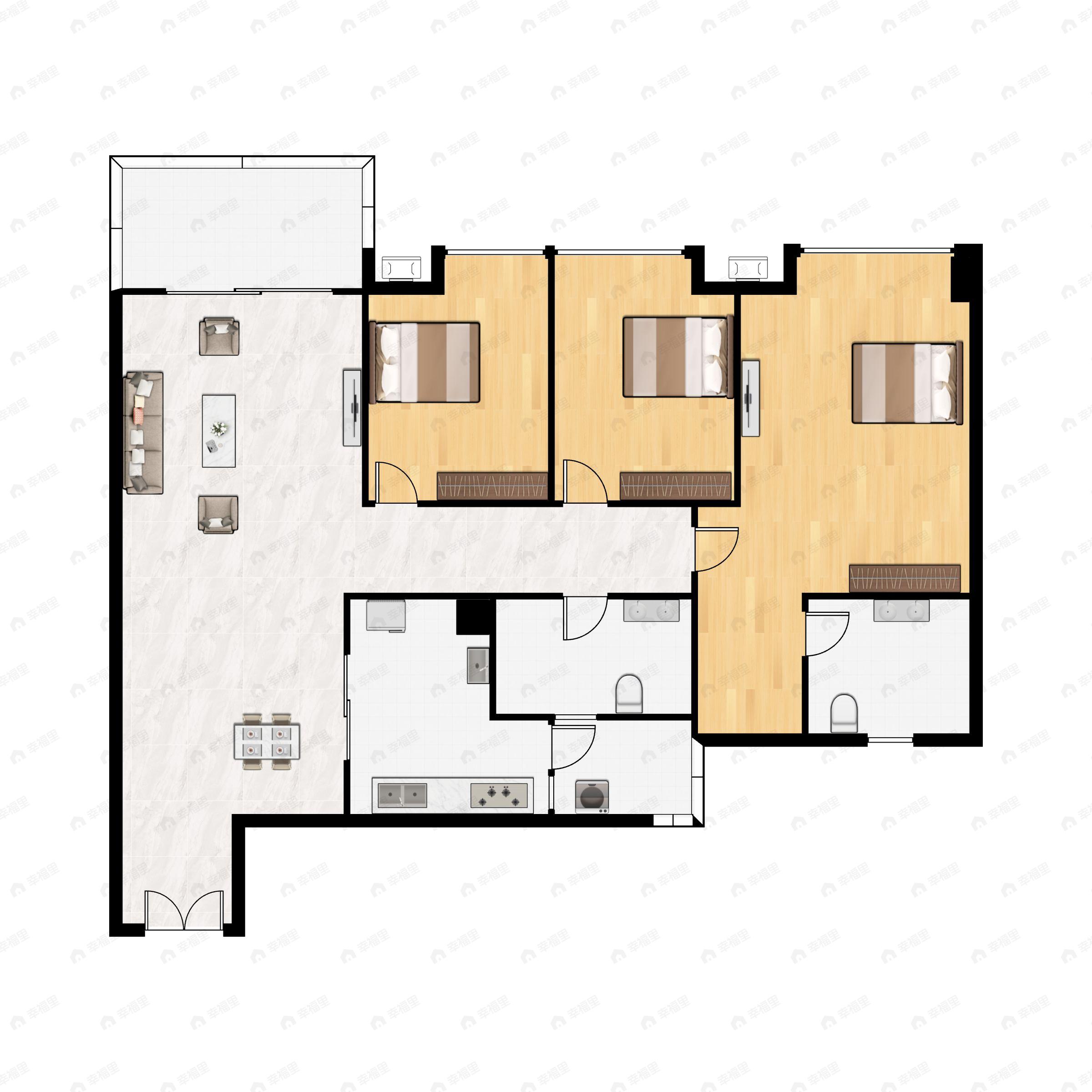 3室2厅2卫建面120m²西北户型图