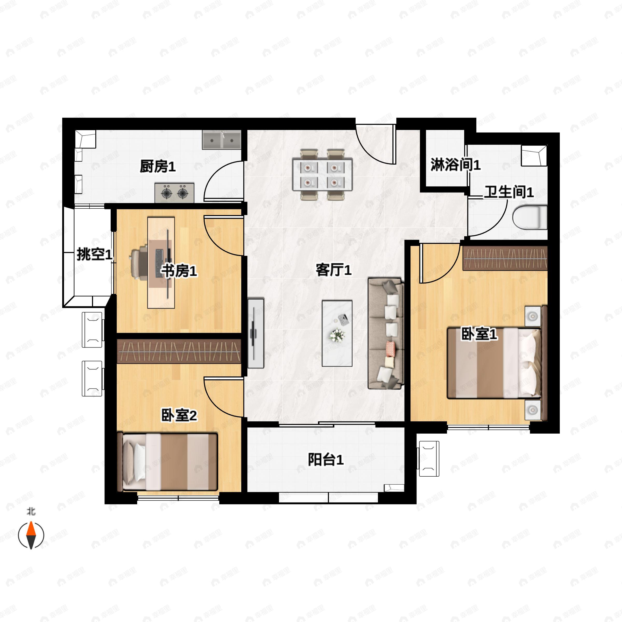 3室2厅1卫建面92m²北|南户型图
