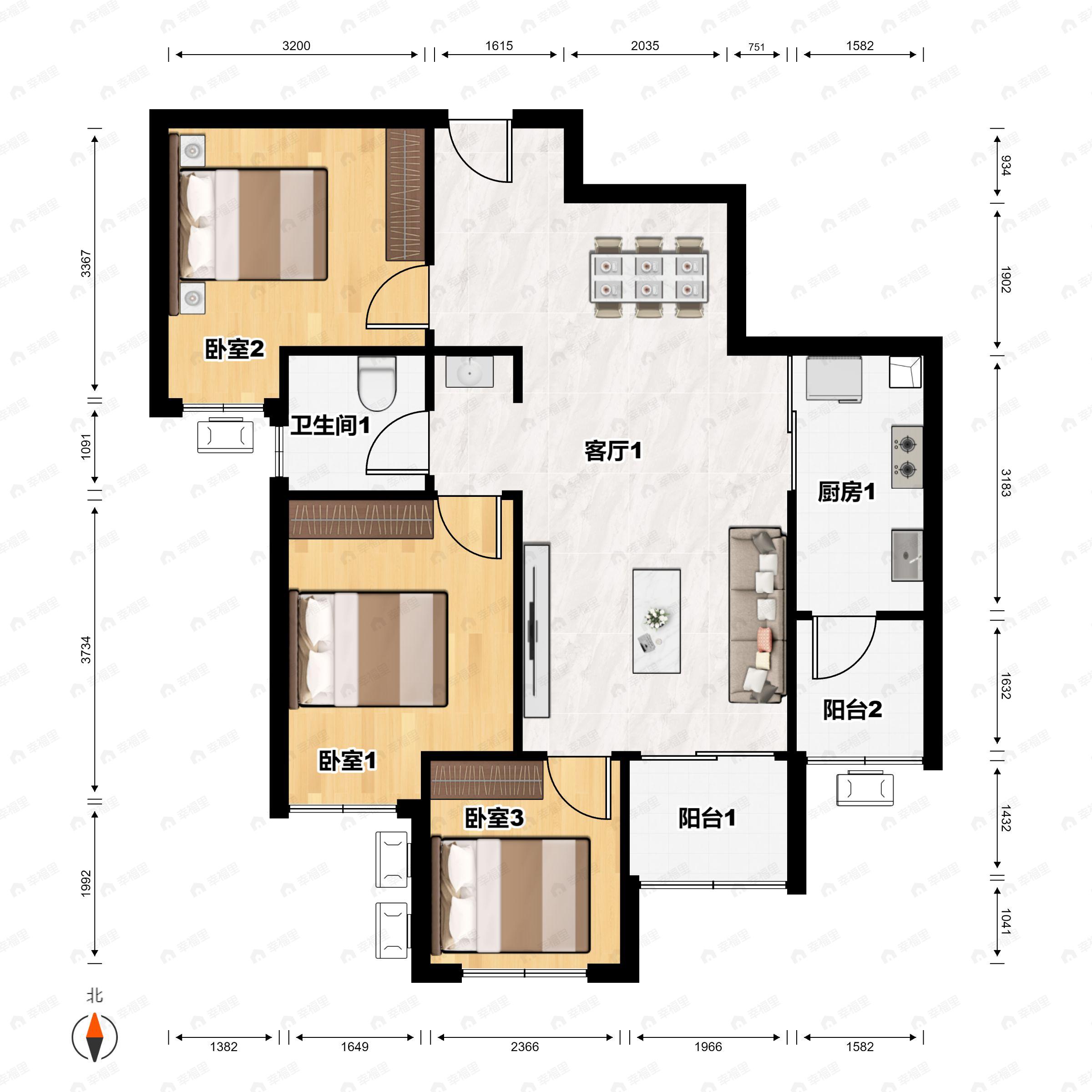 3室2厅1卫建面83m²西户型图