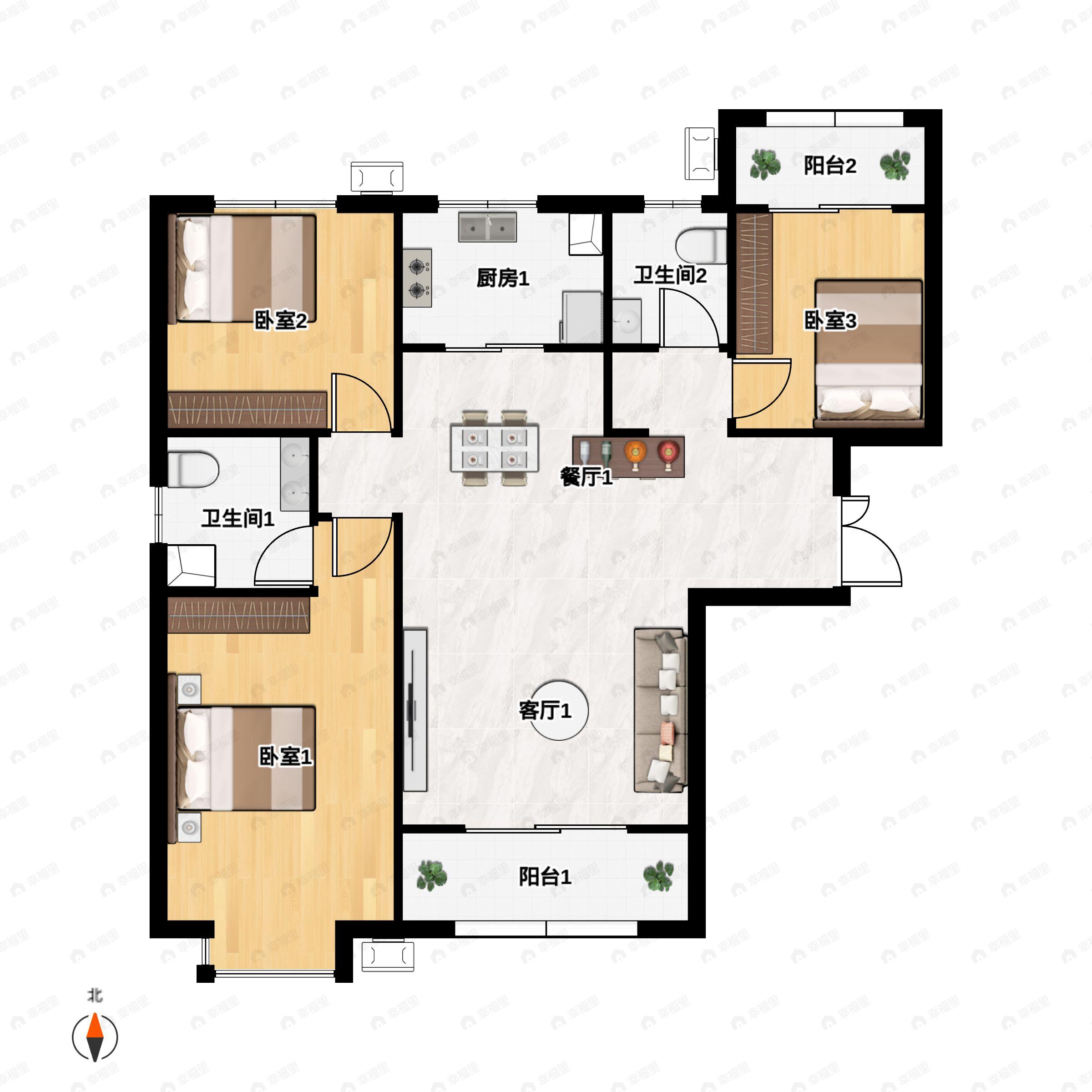 3室2厅2卫建面128平南|北户型图