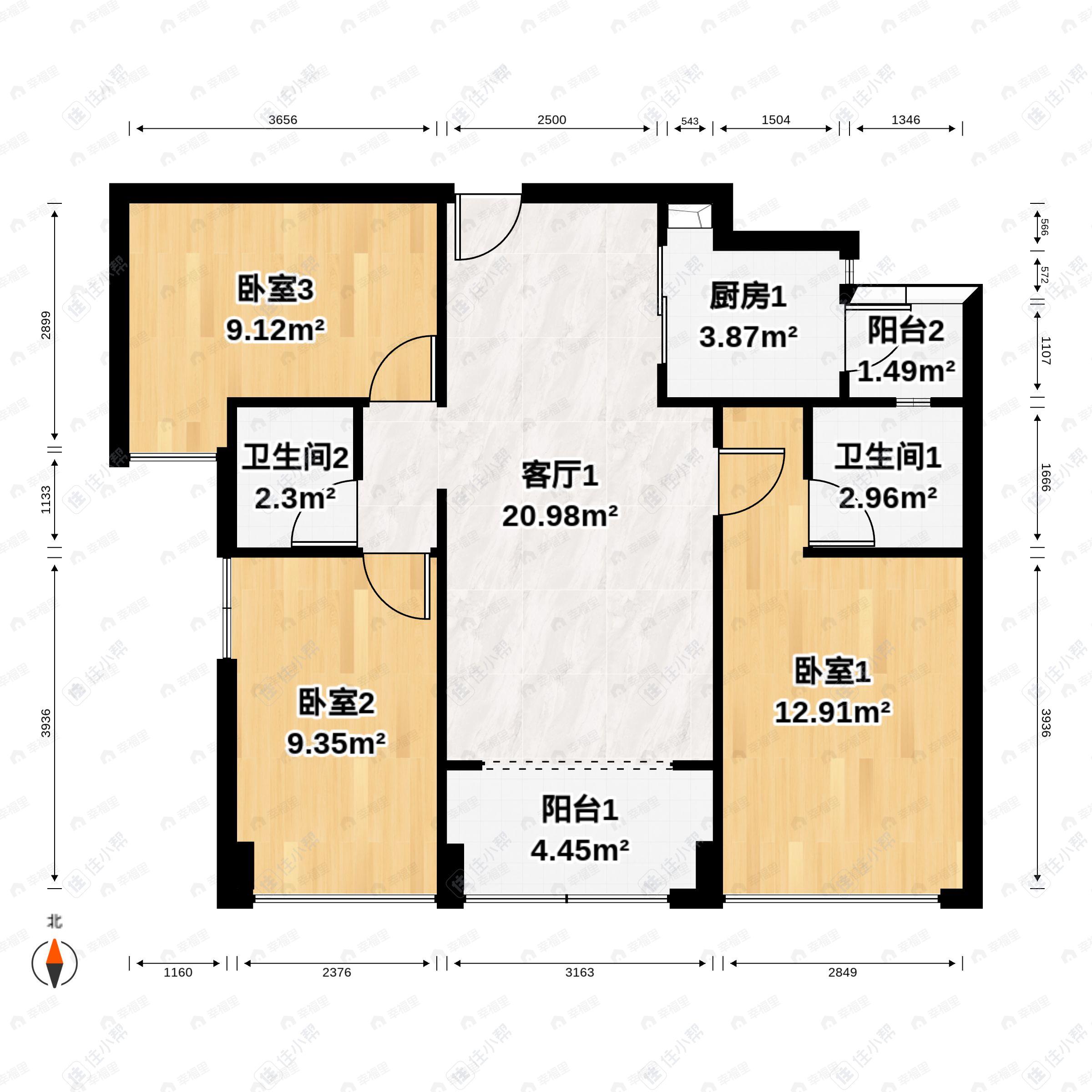 3室2厅2卫建面115平西北户型图