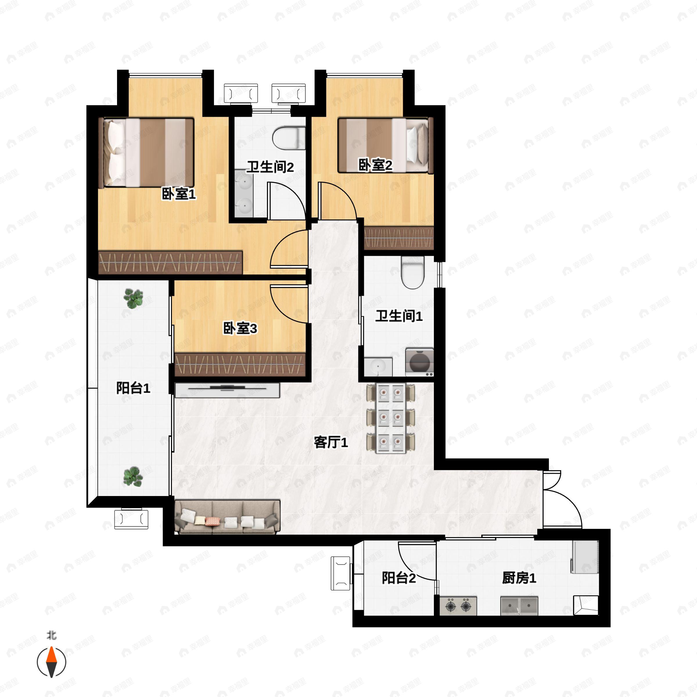 3室2厅2卫建面113平西南|东南户型图