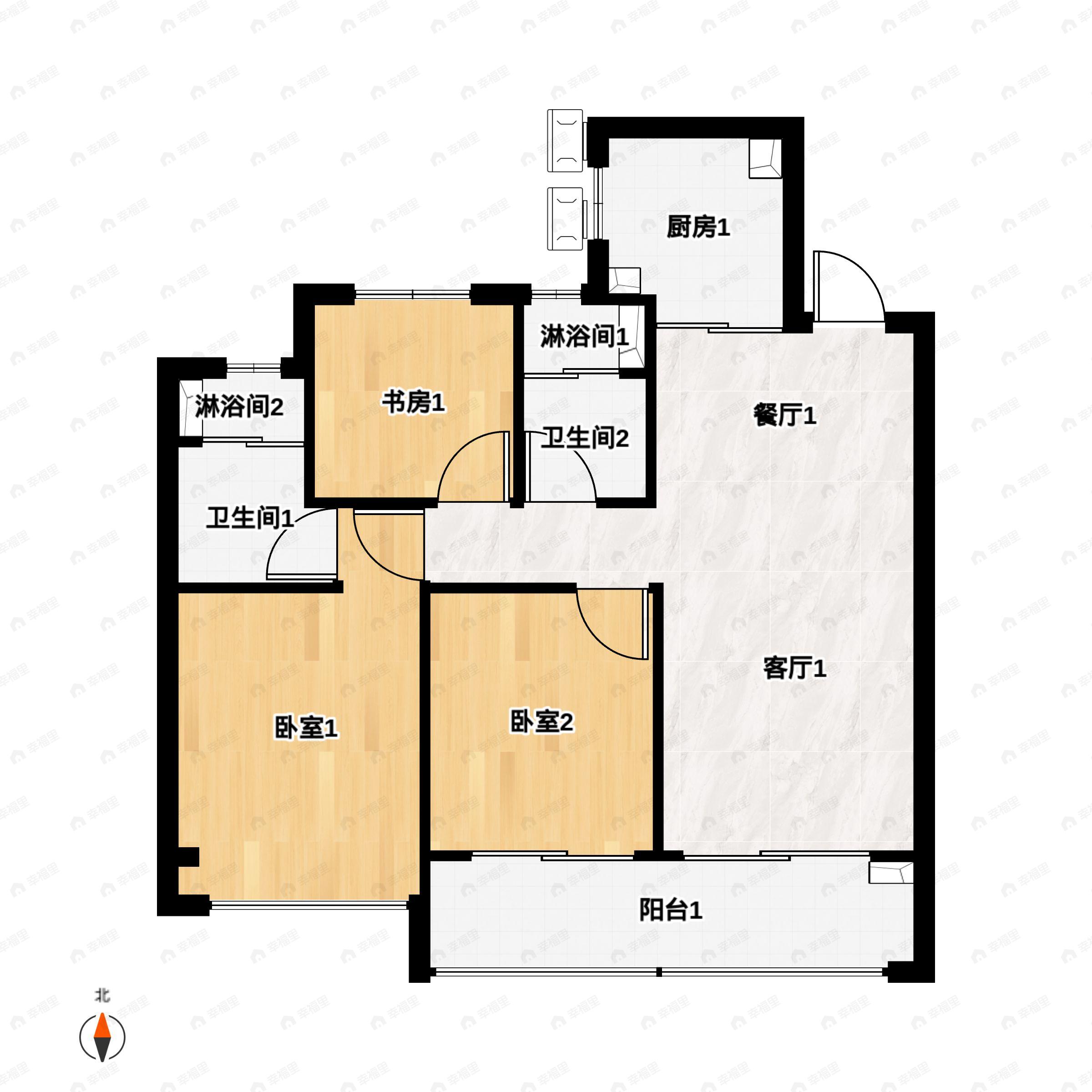 3室2厅2卫建面98m²南户型图