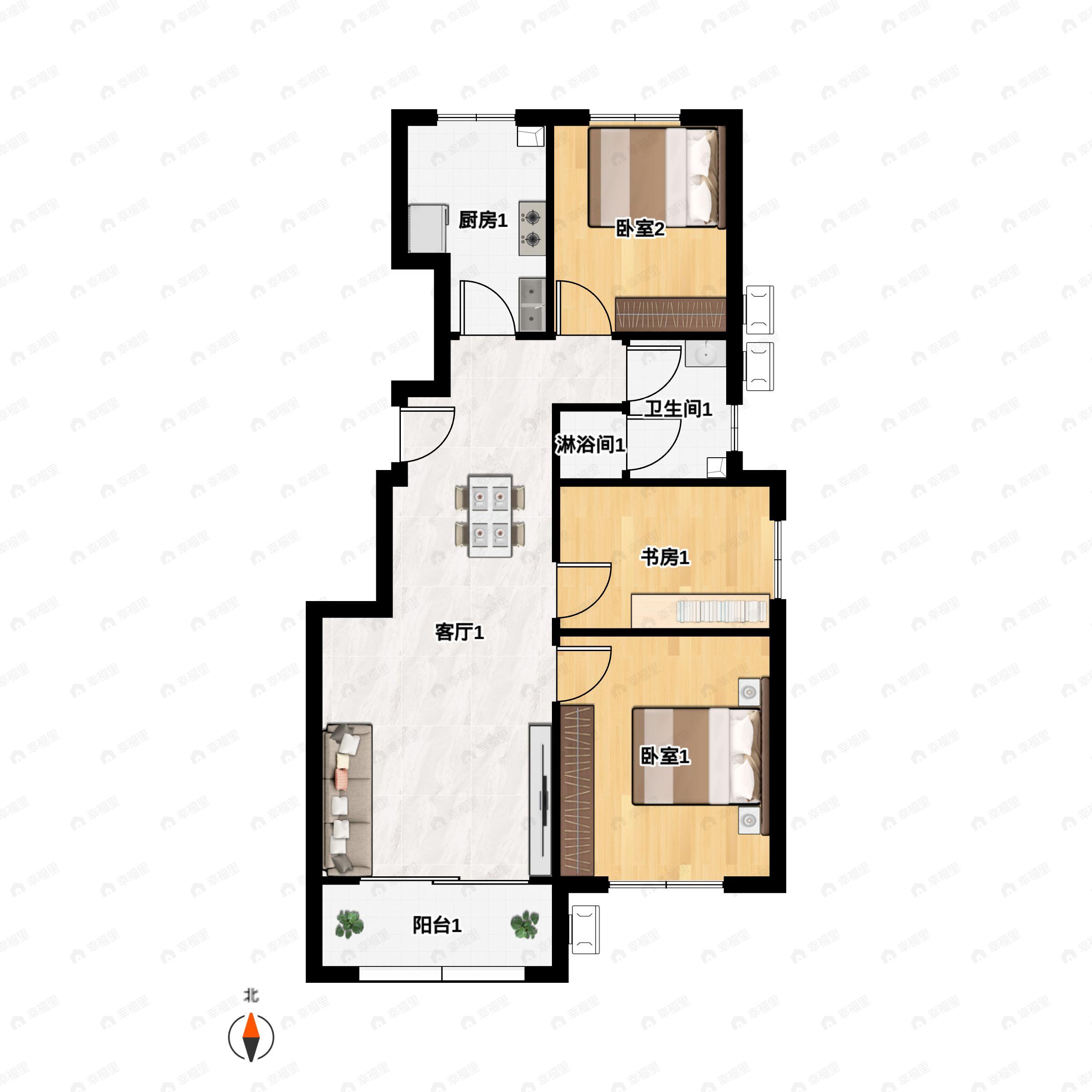 3室2厅1卫建面98平北|南户型图