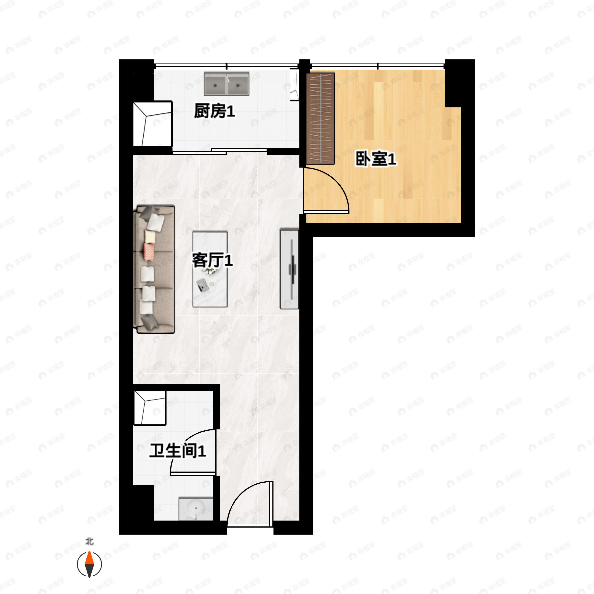 1室1厅1卫建面48平北户型图