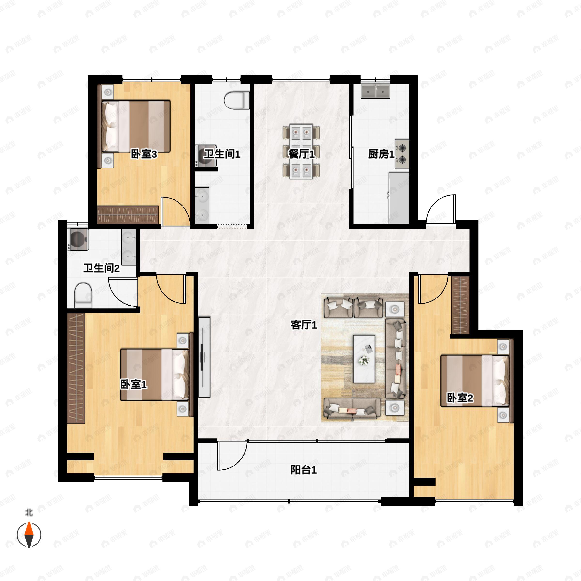 3室2厅2卫建面169m²南户型图