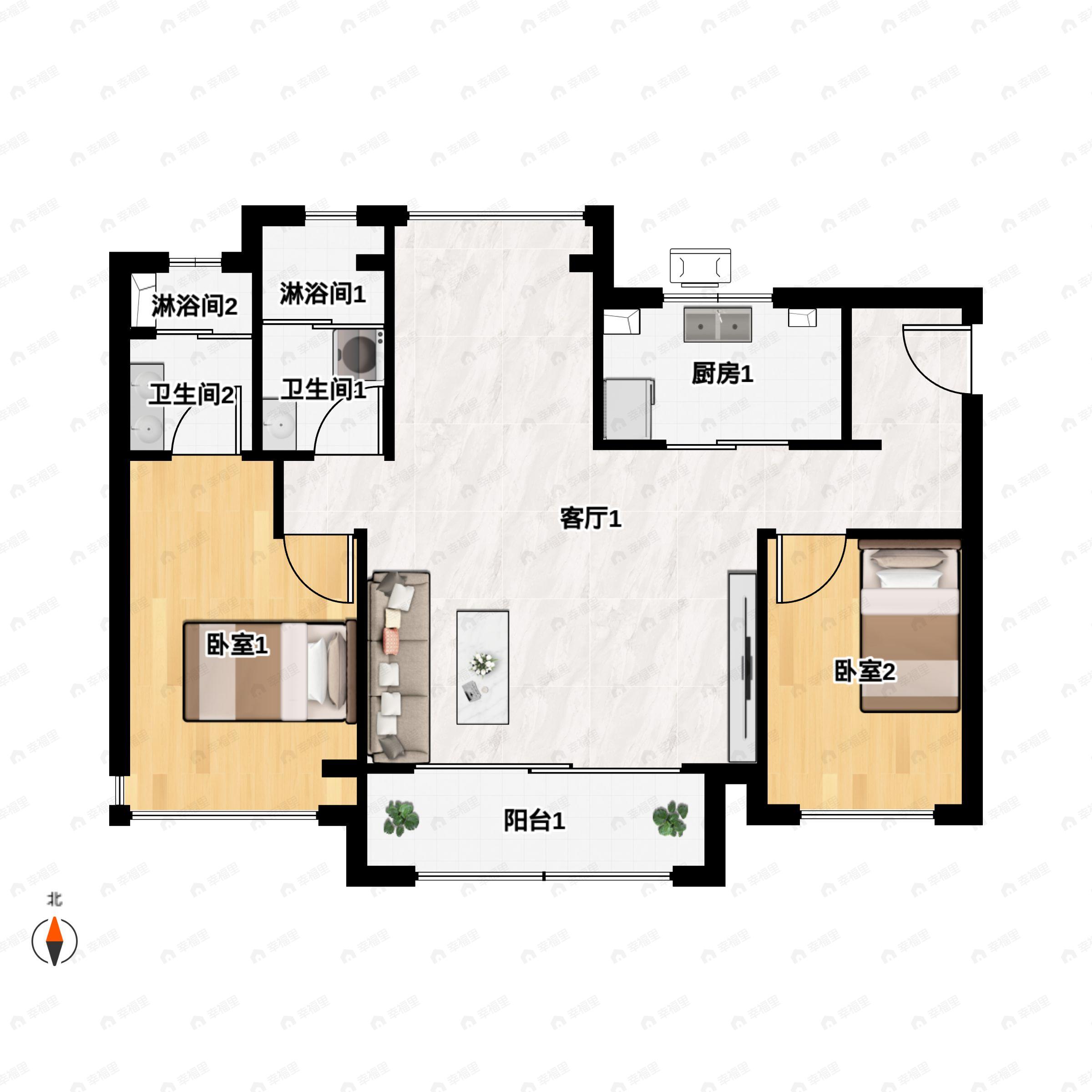 2室2厅2卫建面102m²南户型图