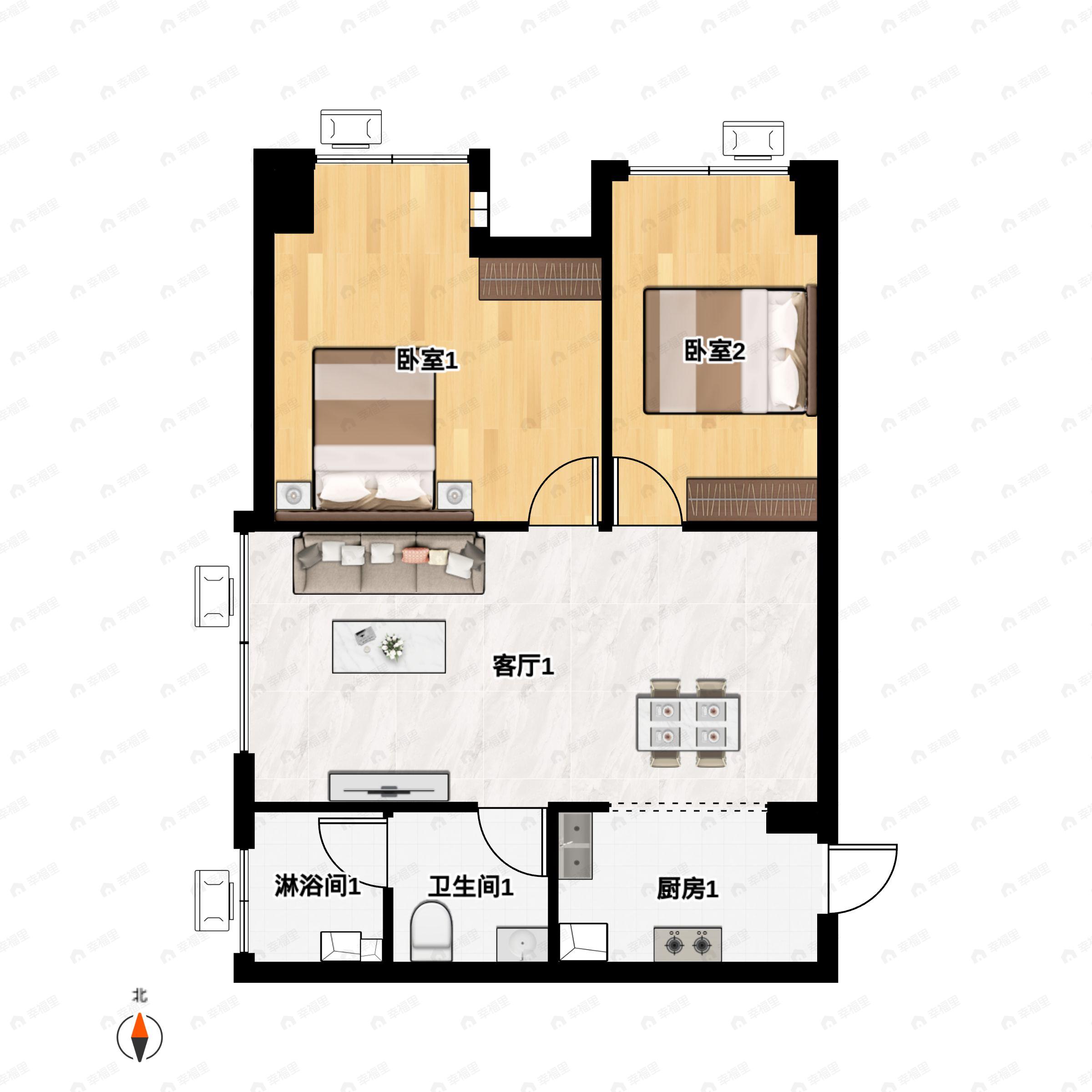 2室1厅1卫建面104平户型图