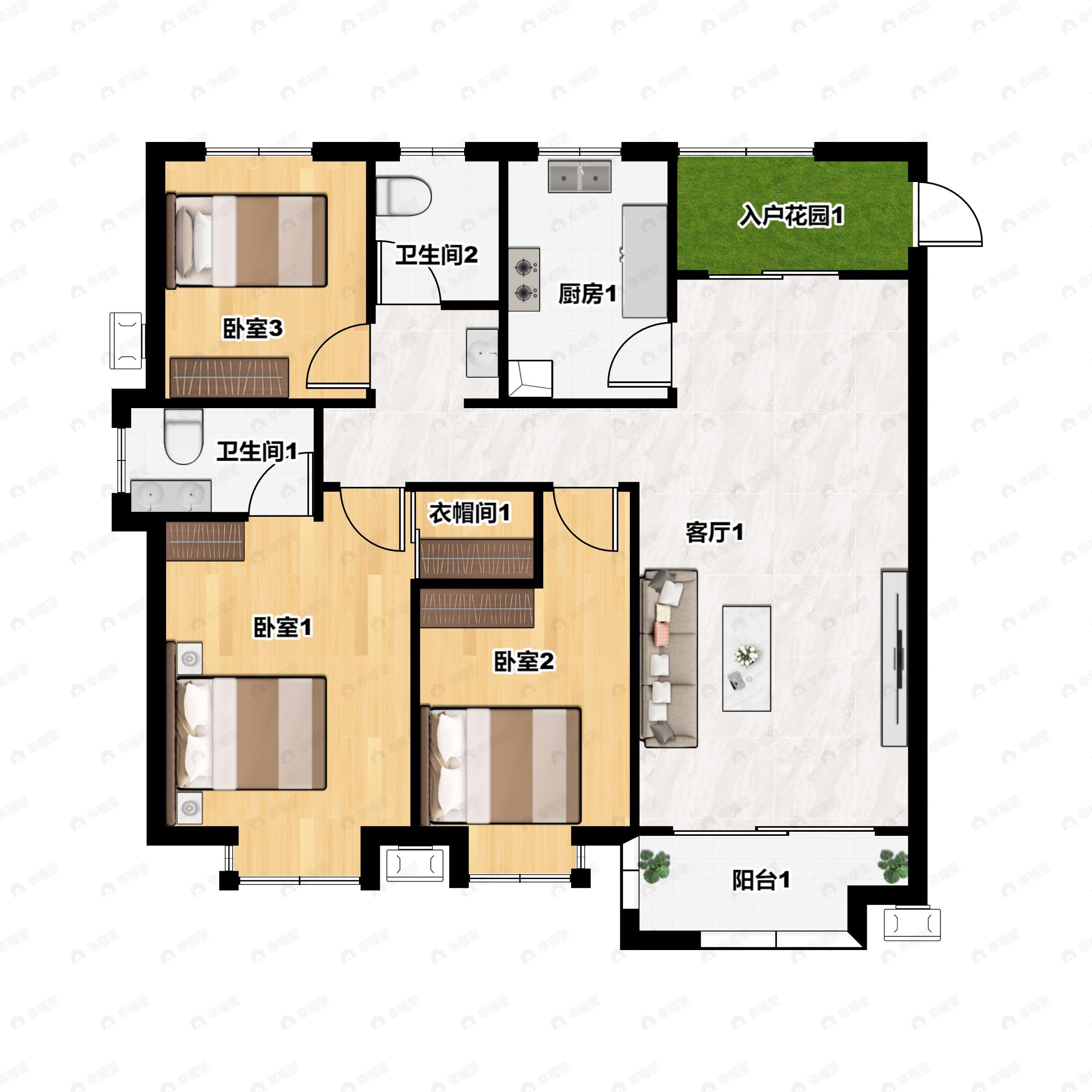 3室2厅2卫建面125平南户型图