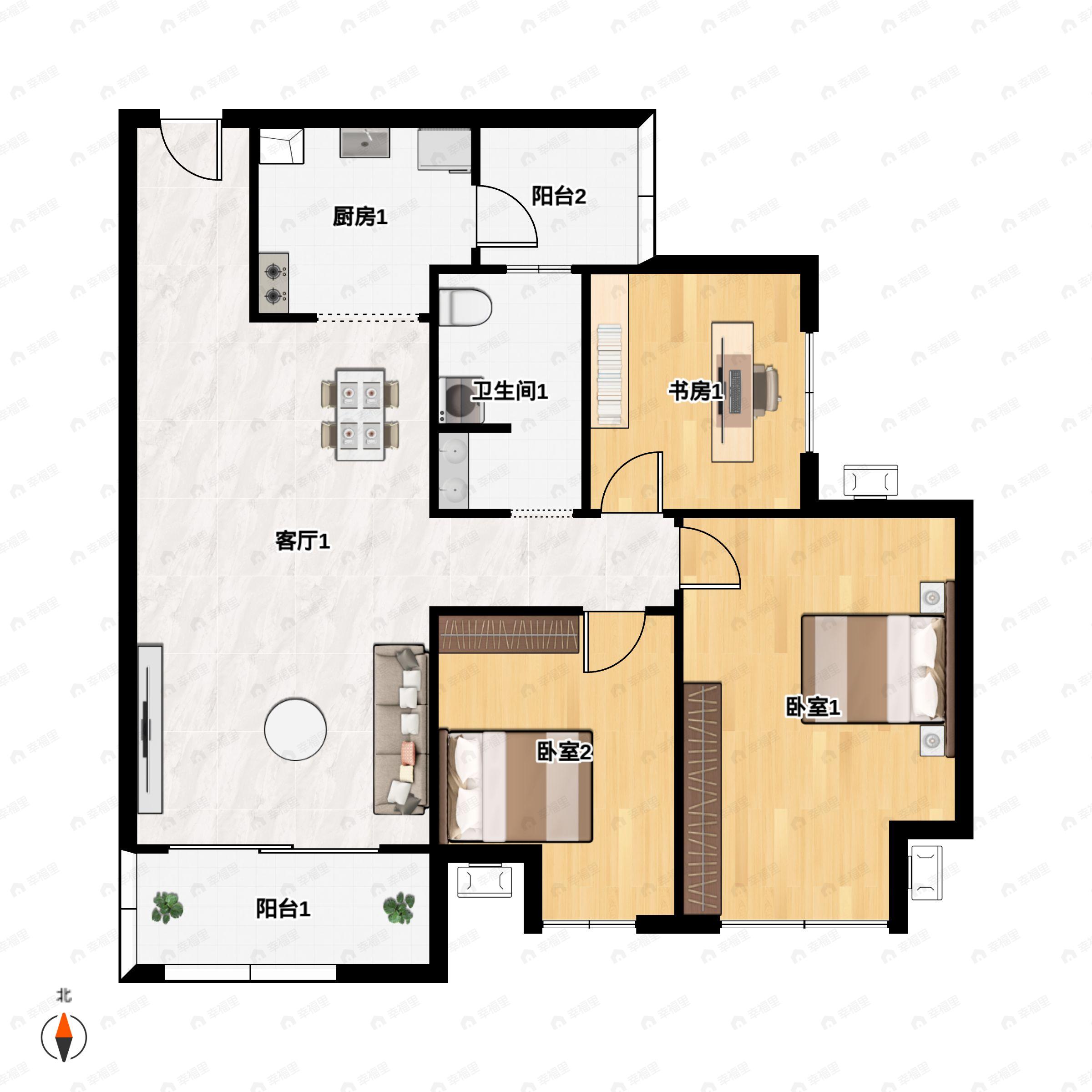 3室2厅2卫建面92平户型图