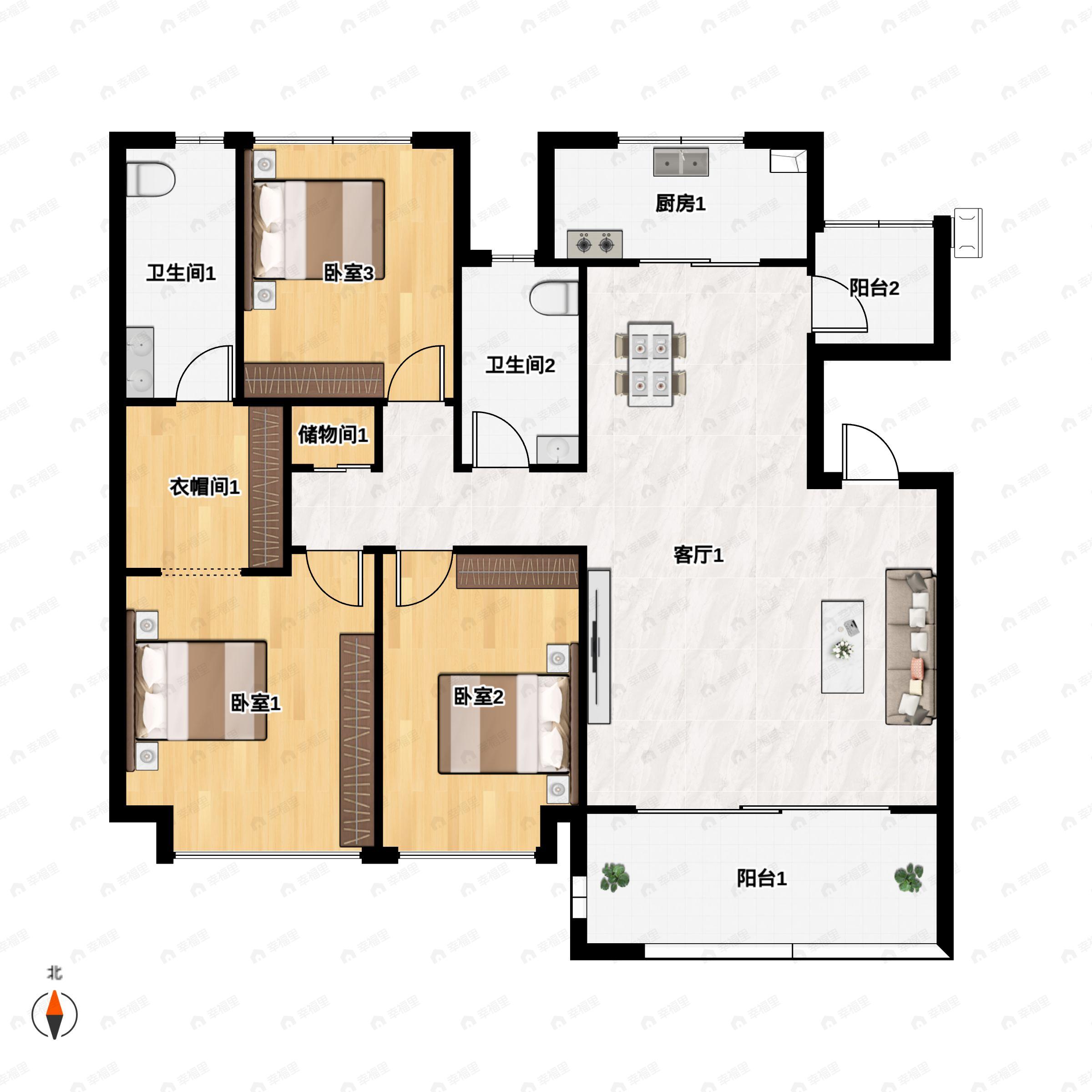 3室2厅2卫建面142平户型图