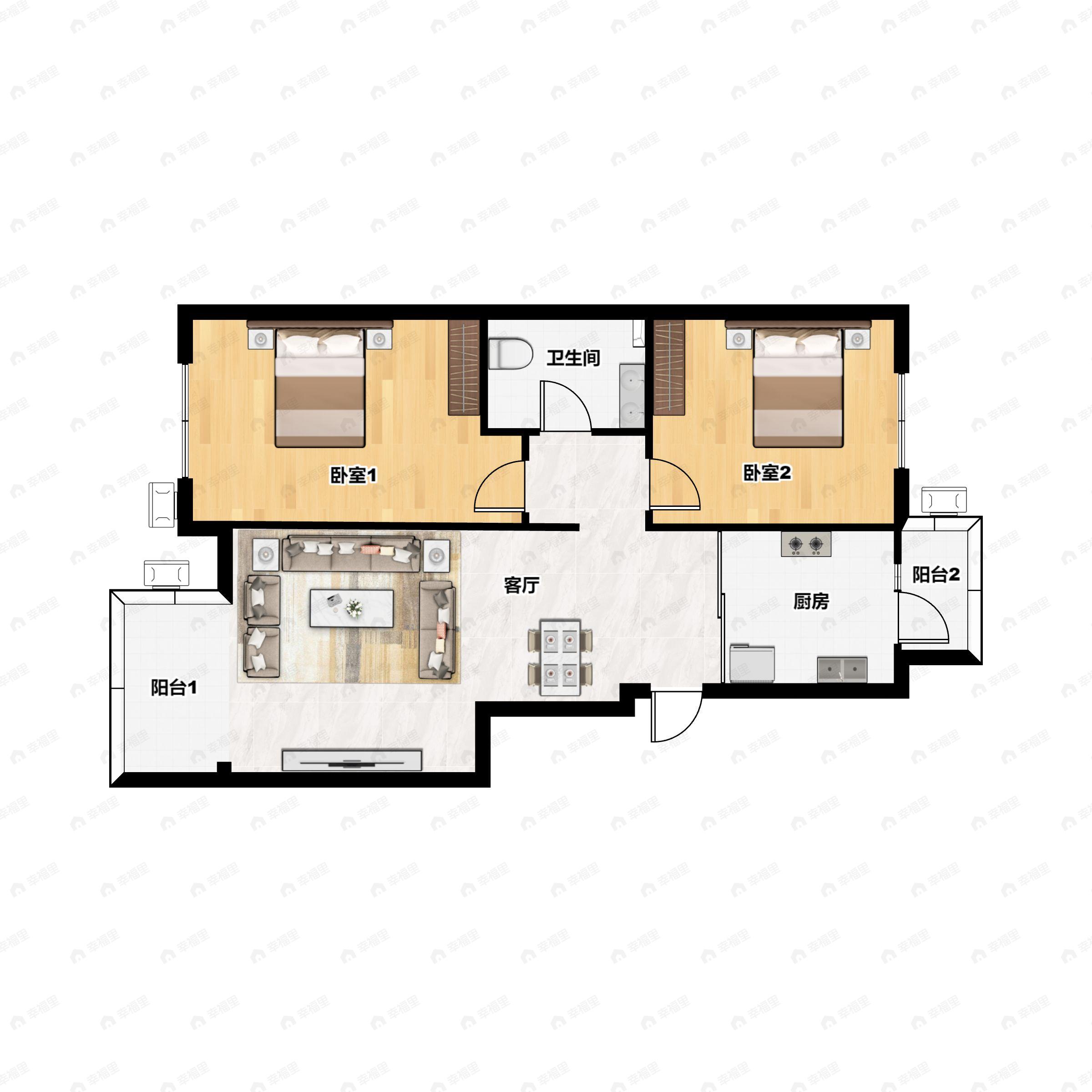 2室2厅1卫建面85m²北|南户型图