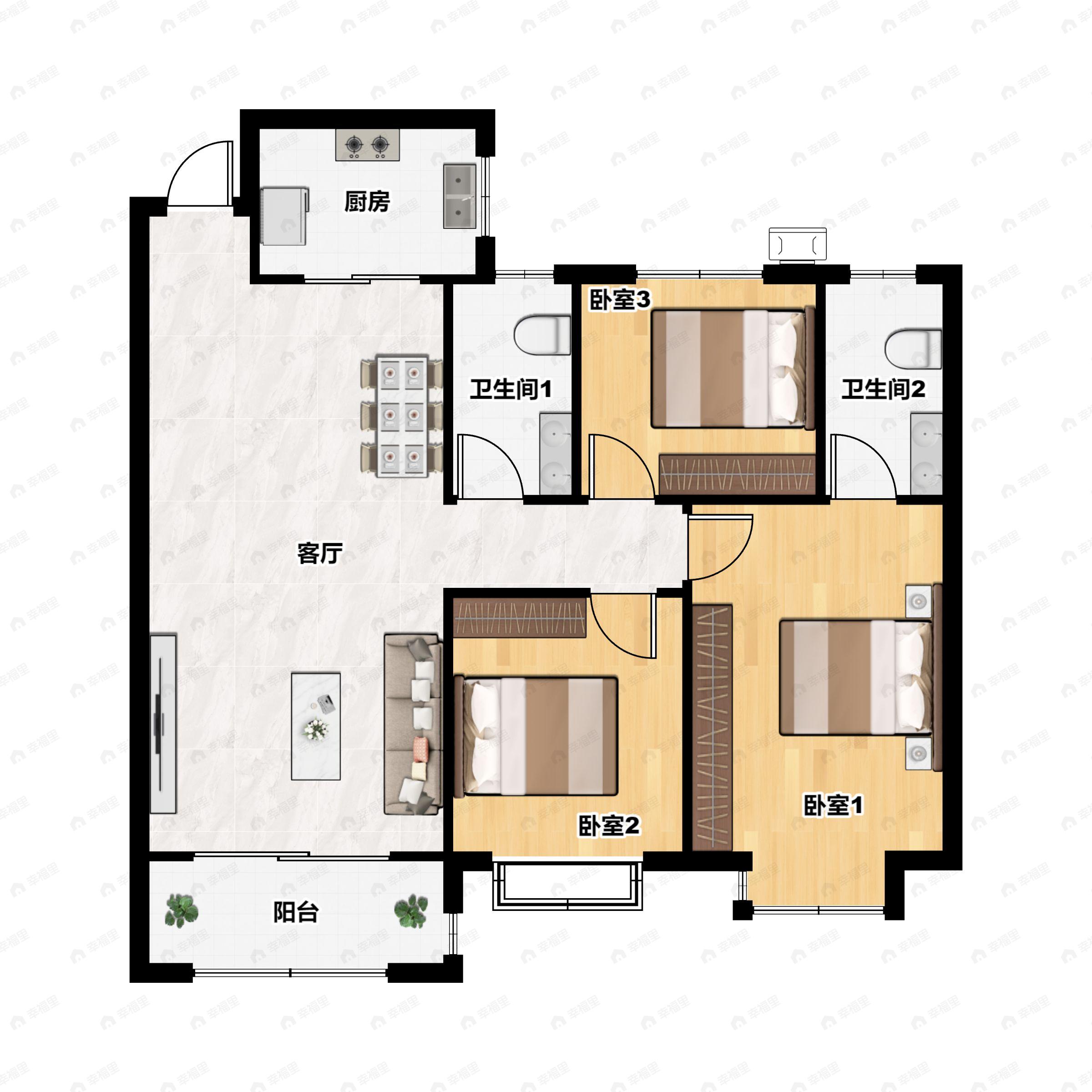 3室2厅2卫建面129m²南户型图