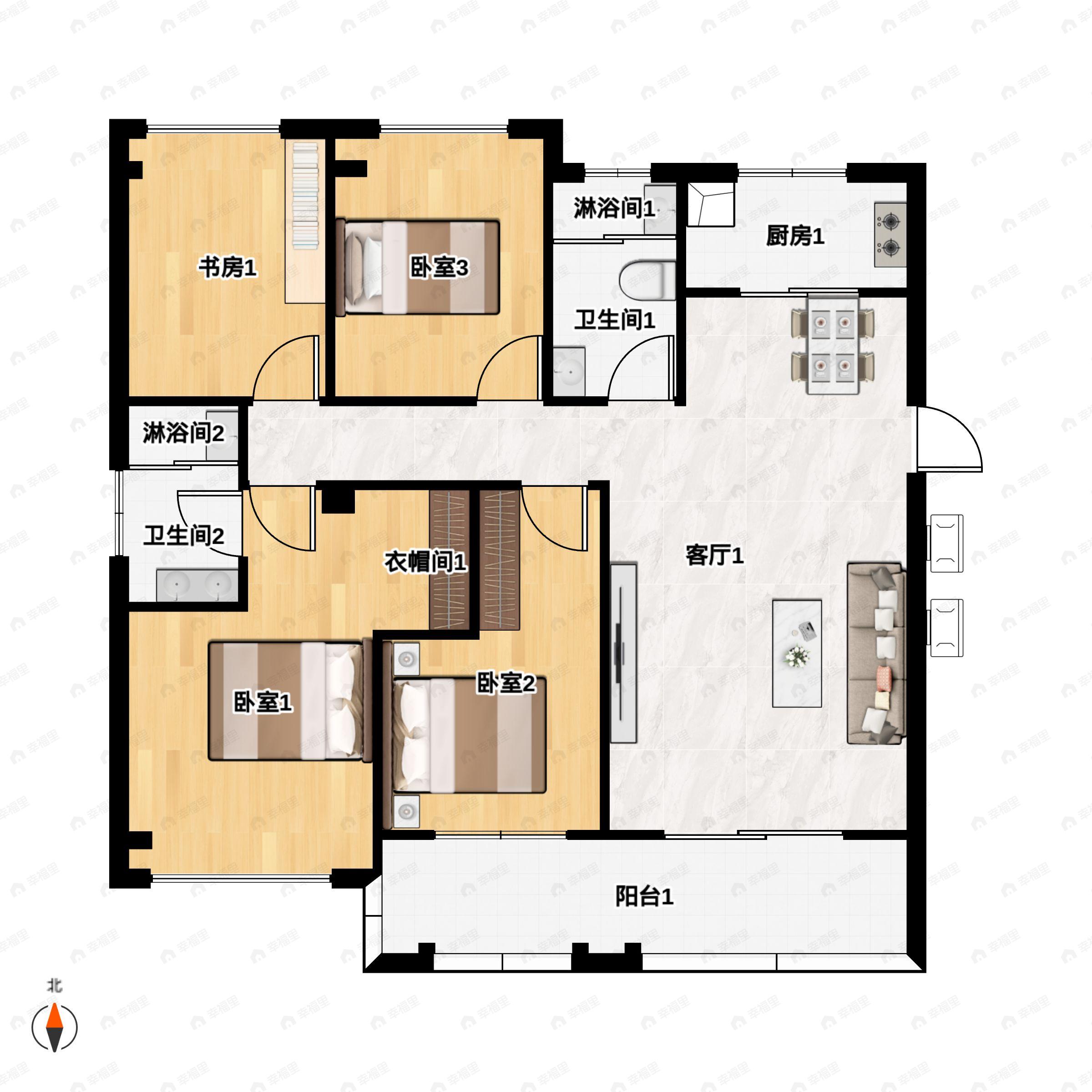 4室2厅2卫建面138平南户型图