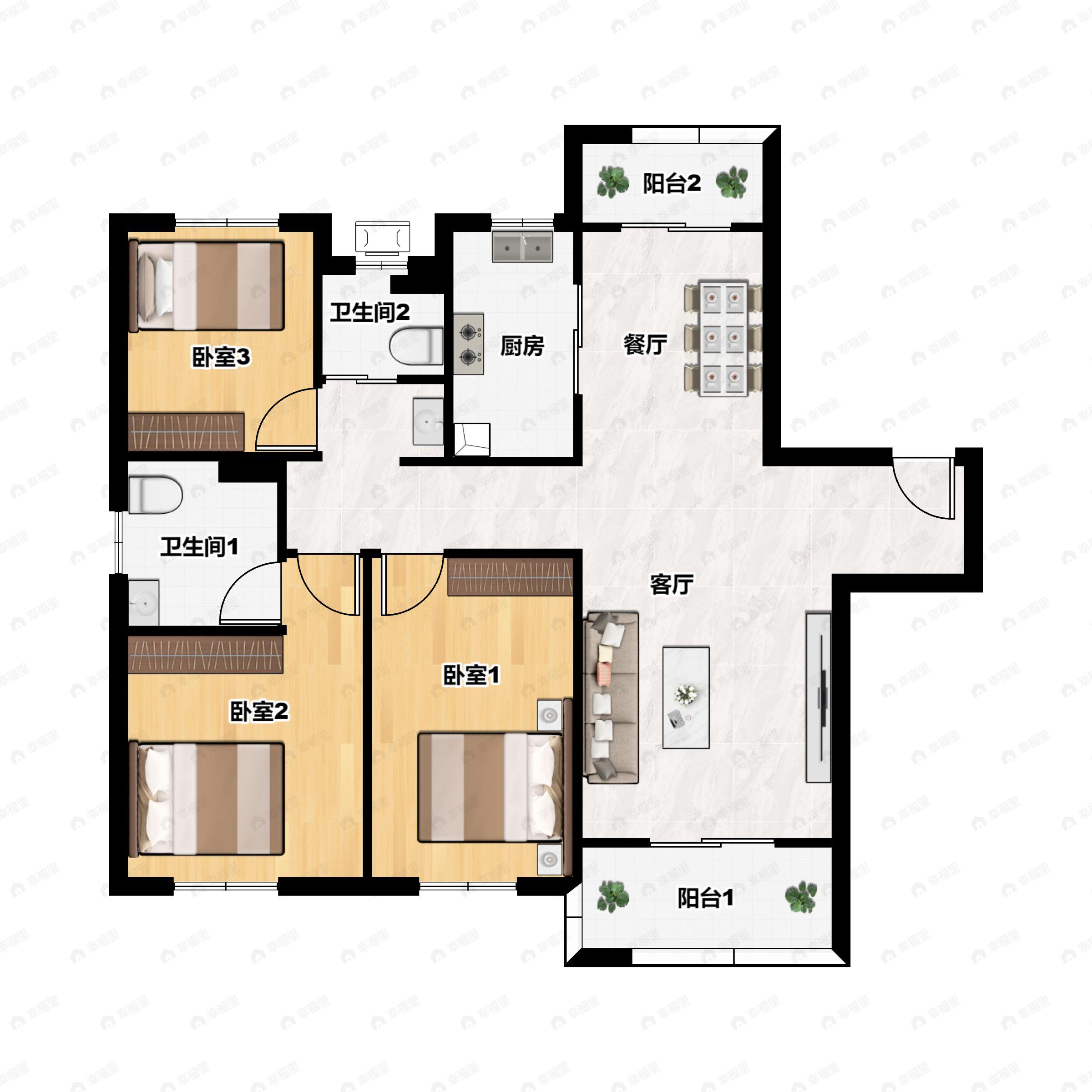 3室2厅2卫建面121平北|南户型图