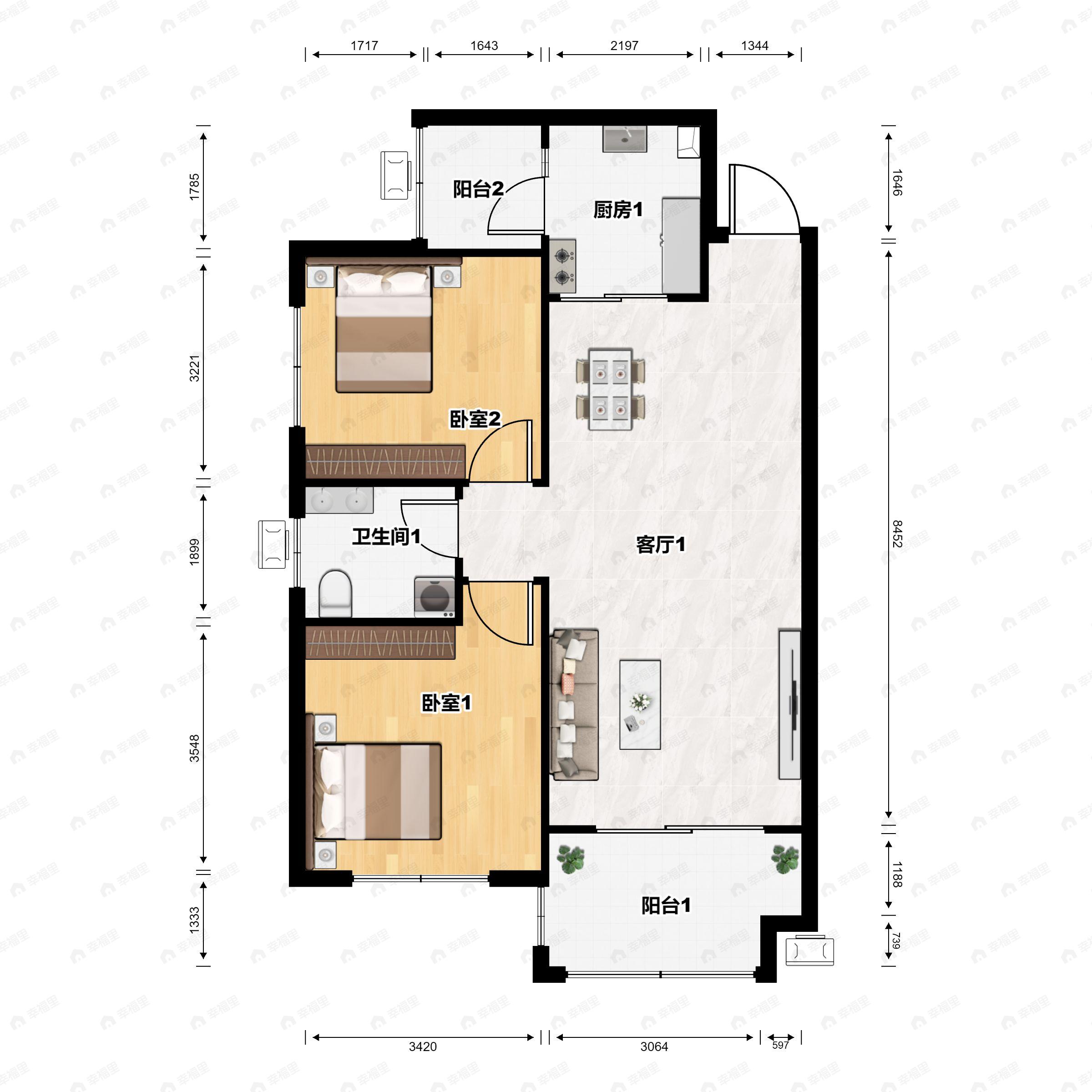 2室2厅1卫建面78m²南户型图