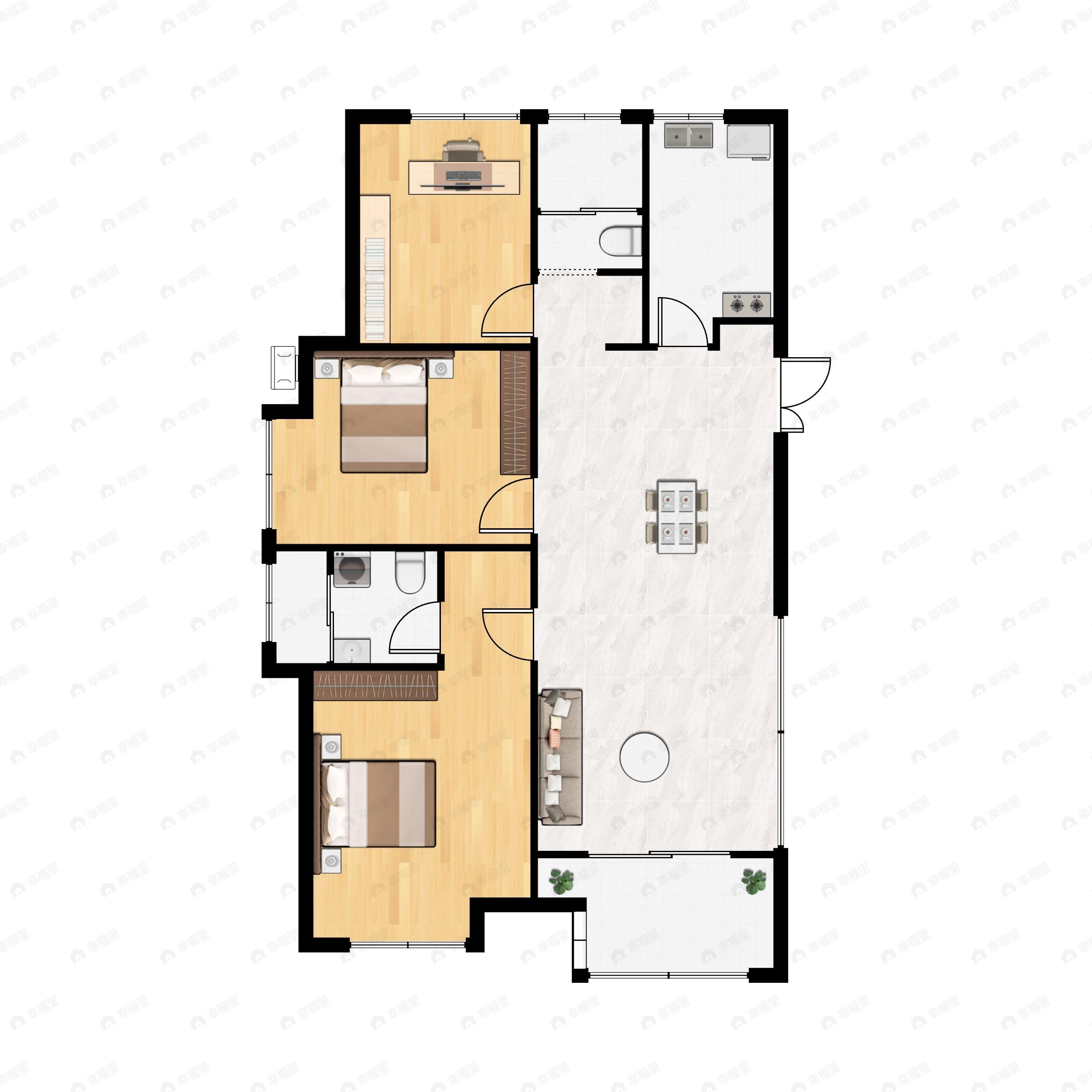 3室2厅2卫建面129m²南户型图